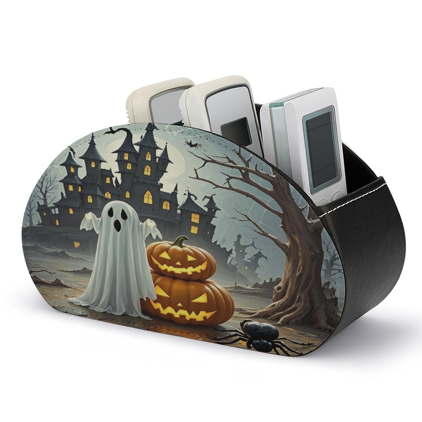 VstaDank Ghost Pumpkin Castle Remote Control Holder with 5 Compartments PU Leather TV Remoter Caddy Desktop Organizer TV Remote Holder Remote Box for Media Controllers Office Supplies