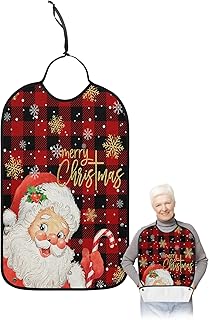 Kewadony Adult Bibs for Elderly Women - Merry Christmas Waterproof Dining Clothing Protectors with Crumb Catcher for Eating/Feeding, Santa Yellow Snowflake Xmas Red Black Plaid Terry Cloth Bib