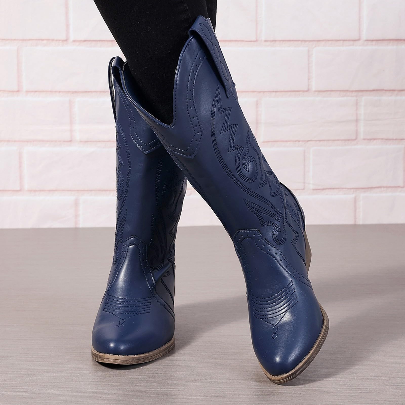 Stivali da cowboy da donna, larghi, con tacco medio grosso, punta a punta, stile country, con ricamo occidentale, stile country, da donna, classici, in pelle, per uso quotidiano, casual, per feste e