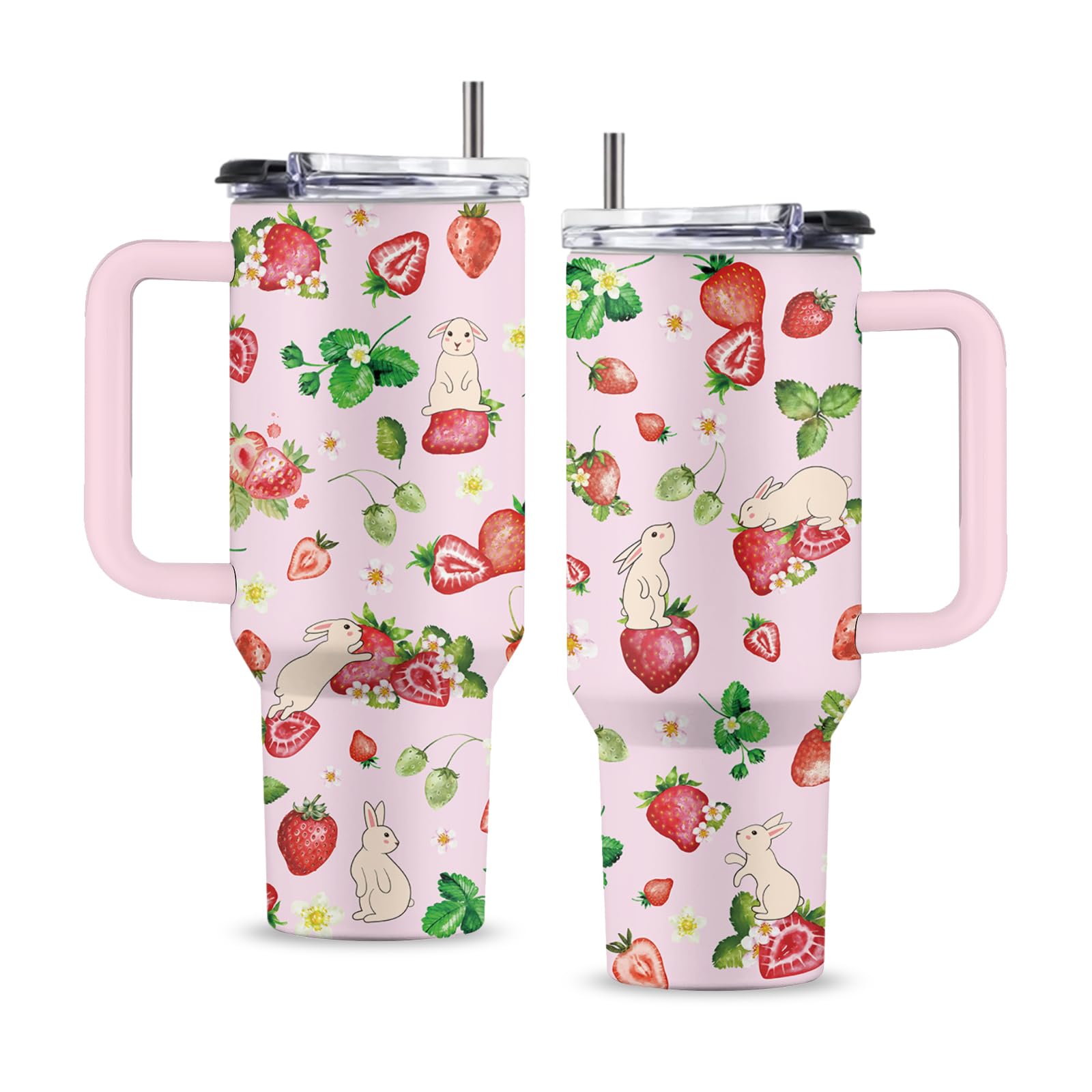 Uibunoo Strawberry Cups 40 Oz Strawberry Themed Gifts with Handle Straw Fruit Gift Birthday Present for Rabbit Lovers