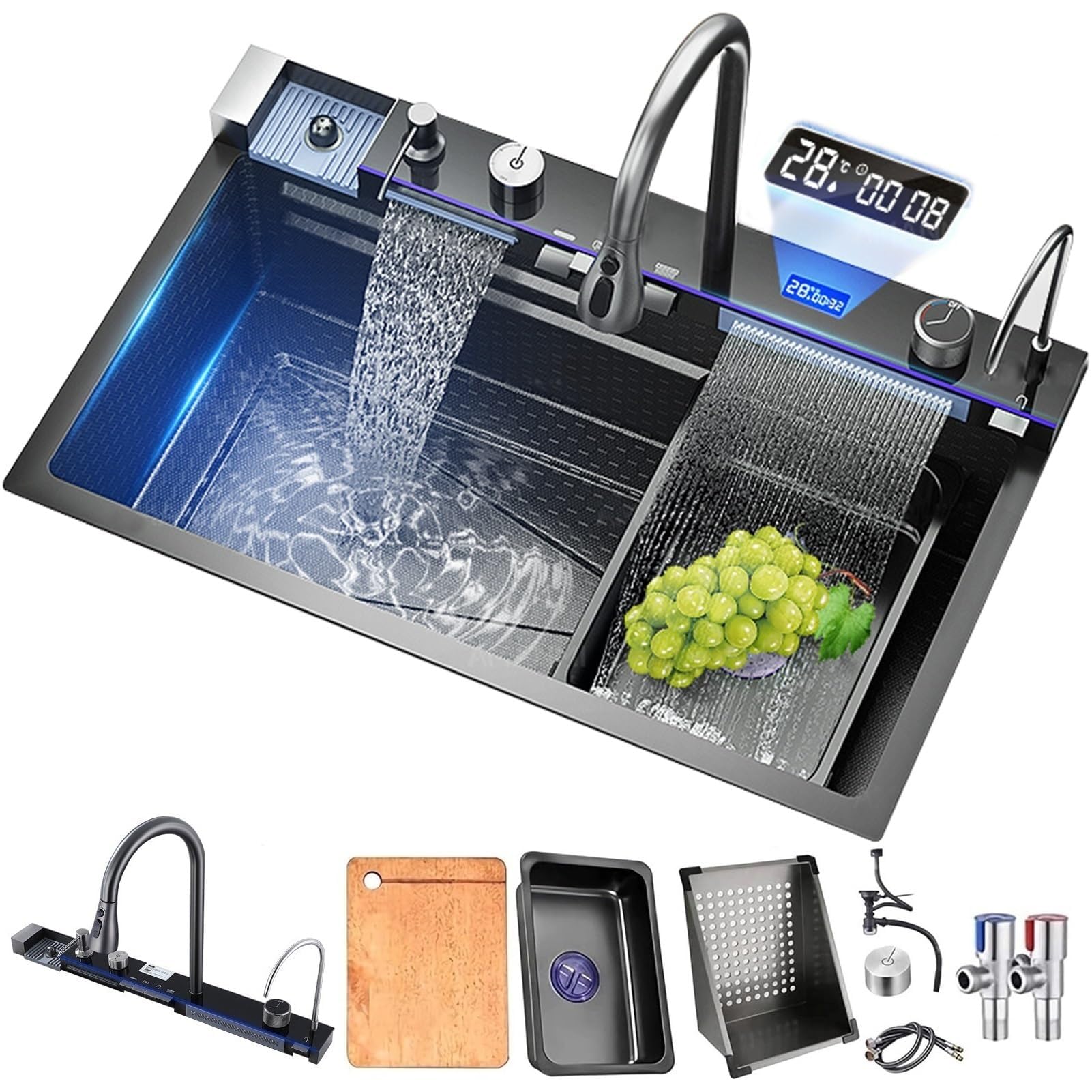 ZQFHSX Stainless Steel Kitchen Sink with Digital Waterfall Faucet - Multifunctional Workstation for Modern Kitchens