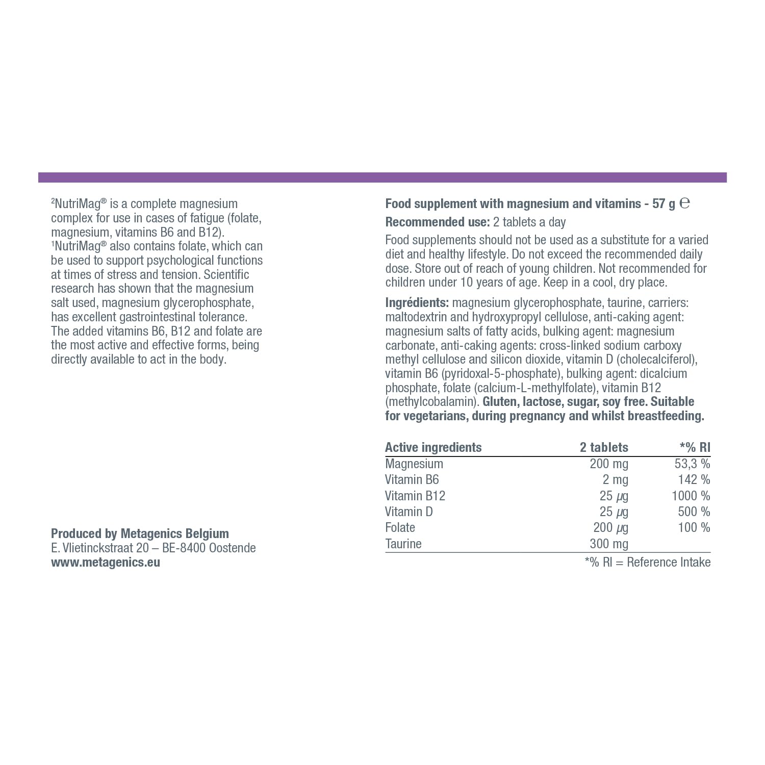 Metagenics NutriMag - Triple Action - Stress, Fatigue, Tensions - Magnésium, Vitamine D & B6, Folate - 180 comprimés
