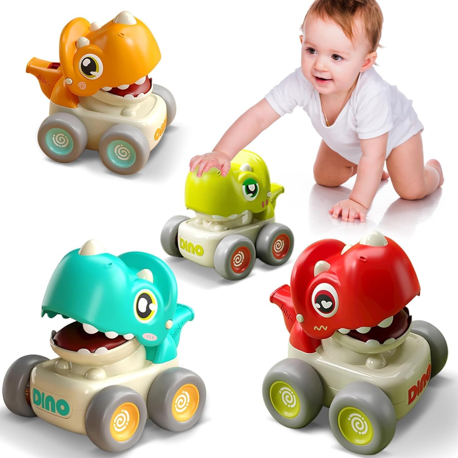 Dinosaur Racing Cars for Toddlers 1-3, Baby Press and Go Car Toys, Infant Play Vehicle Set with Whistle, Baby Push Go Friction Car Toys for 18M+, 1st Birthday Gift for 1 2 Years Old Boys Girls