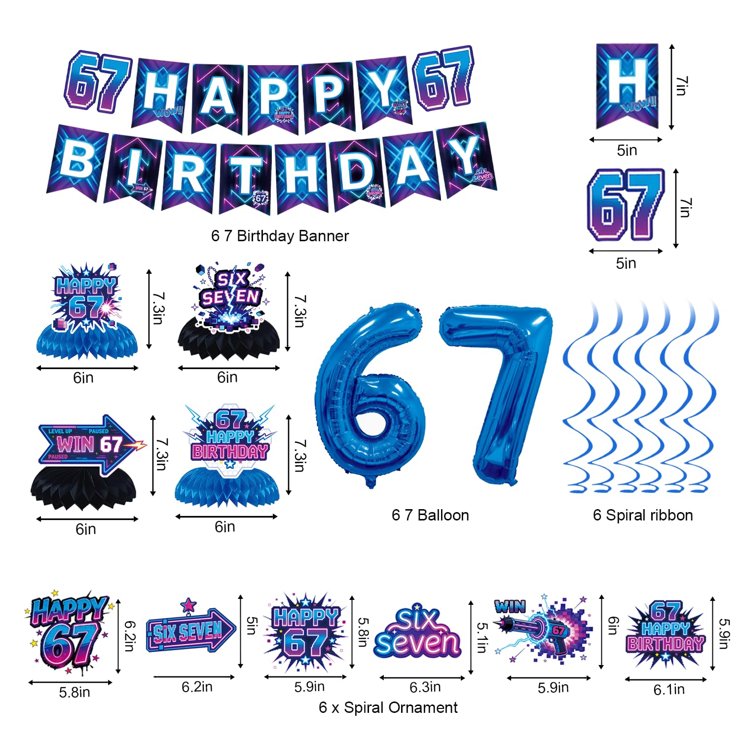 6 7 Birthday Decorations for Kids Six Seven Party Supplies i was 6 now i'm 7 Birthday Decorations Happy Birthday Banner, Balloons, Cake Topper & Table Decor for Boys Girls — view 4