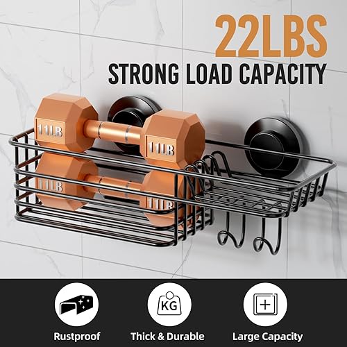 Miniatura 3 de LEVERLOC Cesta de ducha con ventosa, cesta de ducha con ganchos y jabonera para baño, organizador de ducha para baño sin perforación, color negro