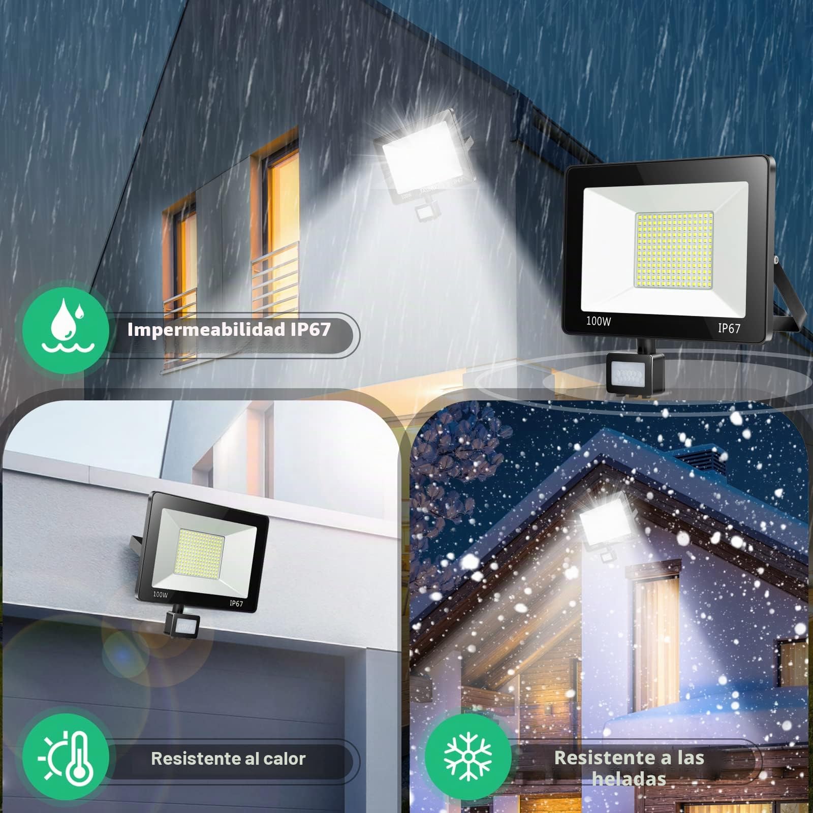 Foco LED con Sensor de Movimiento 100W Focos LED Exterior 2 Piezas