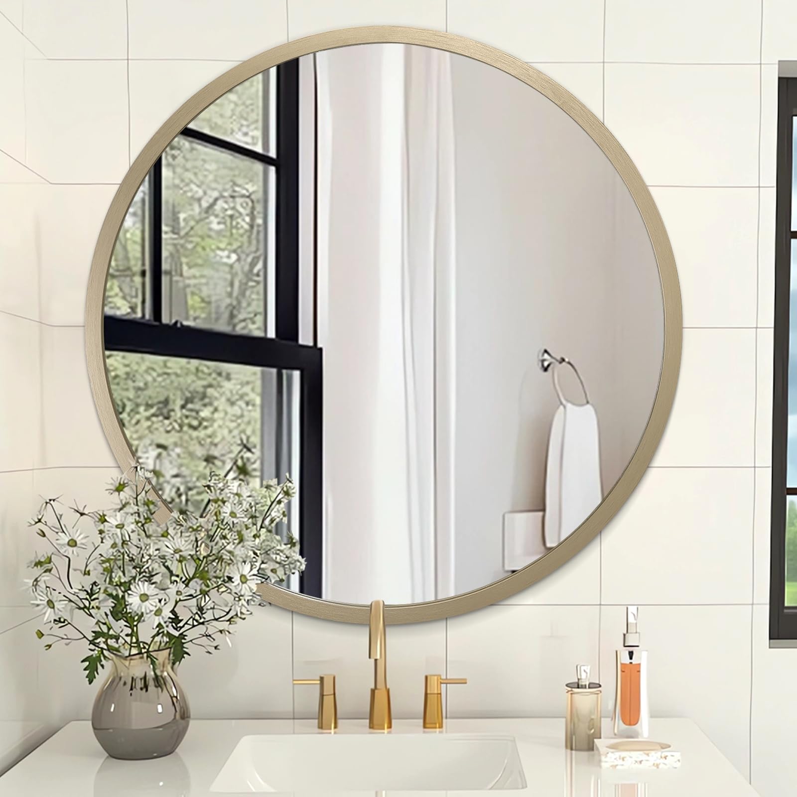 Aoaopq Bronze Mirror Wall For Bathroom Metal Brushed Frame Wall Mounted Home 60Cm Mirror Living Room Entryway Bedroom