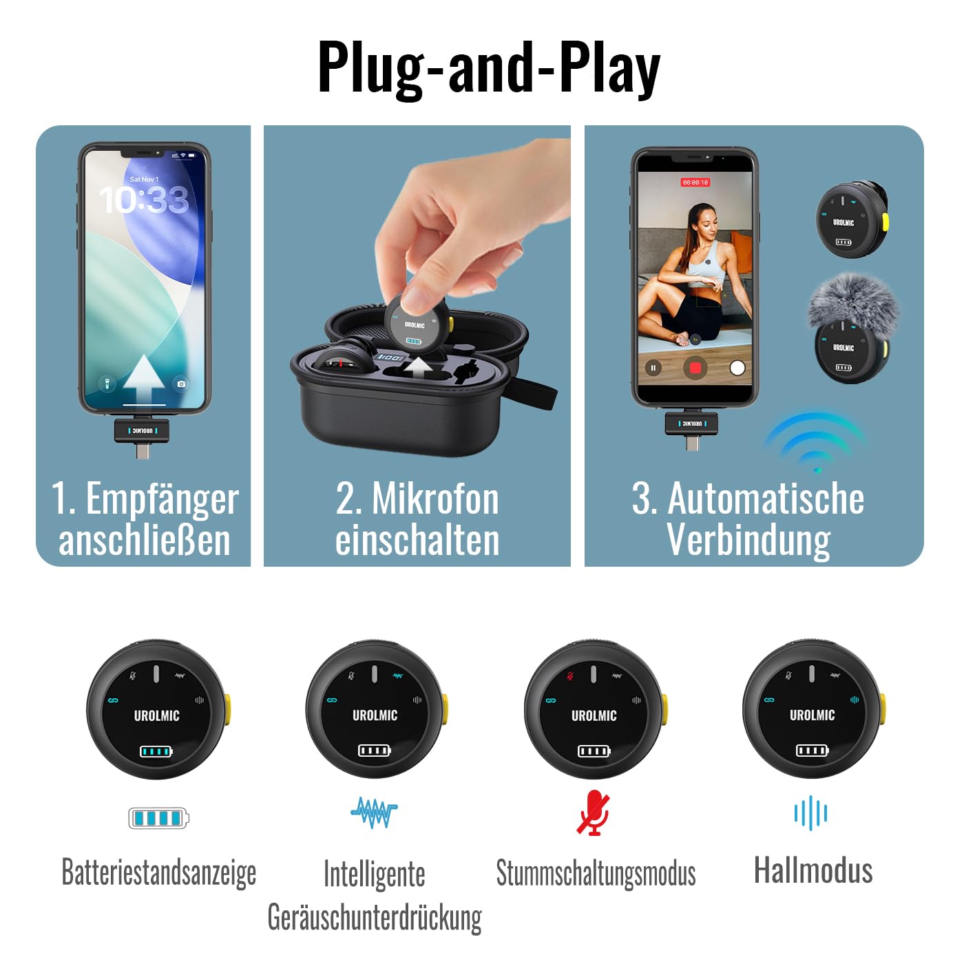 2-in-1 Lavalier-Mikrofon, 40 Std Akku, Profi-NR, Magnetbefestigung, 55m Reichweite, für IOS & Android, Recording, Streaming