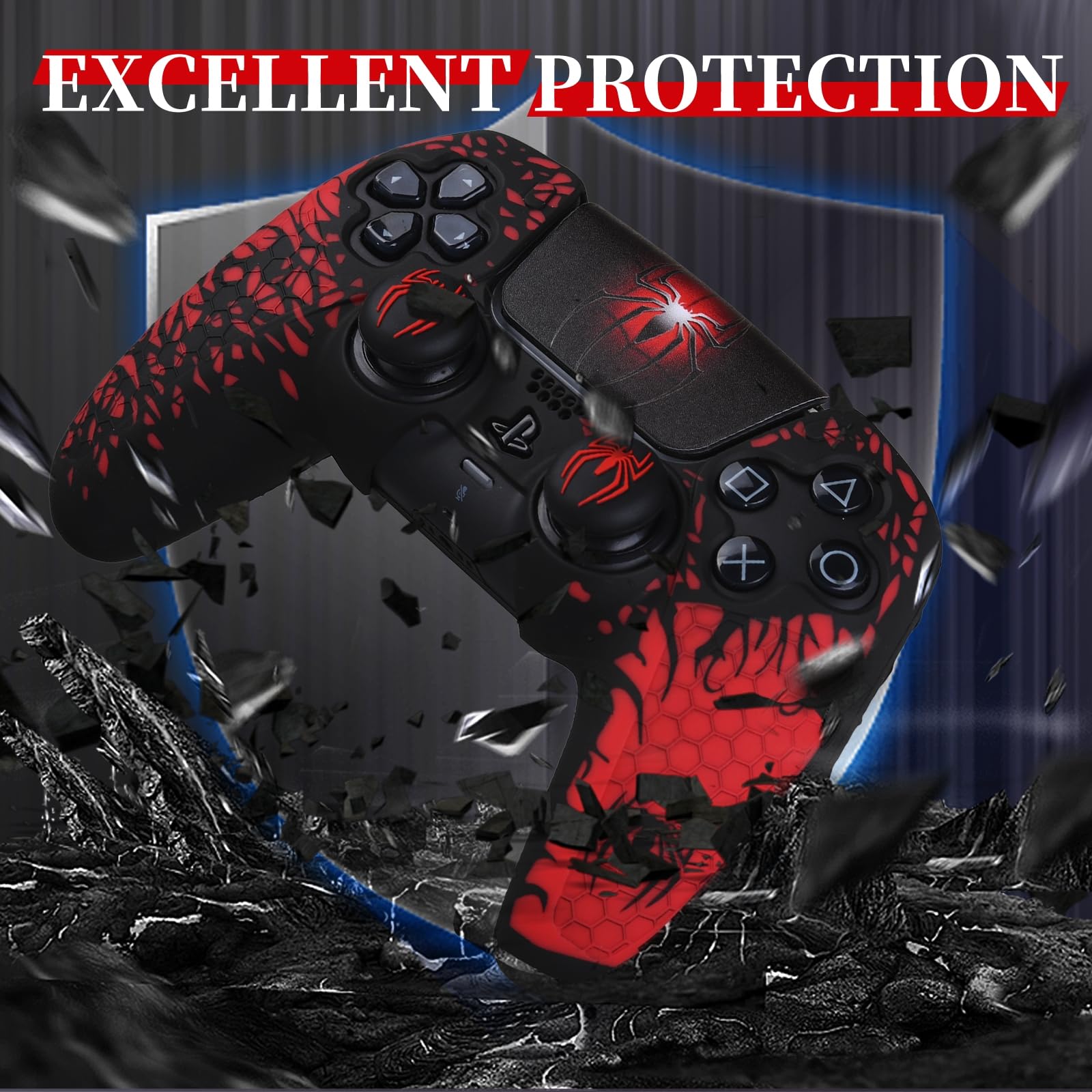 Cover in silicone antiscivolo per controller PS5 con tappi per levette * 2 & adesivo * 1 tema ragno