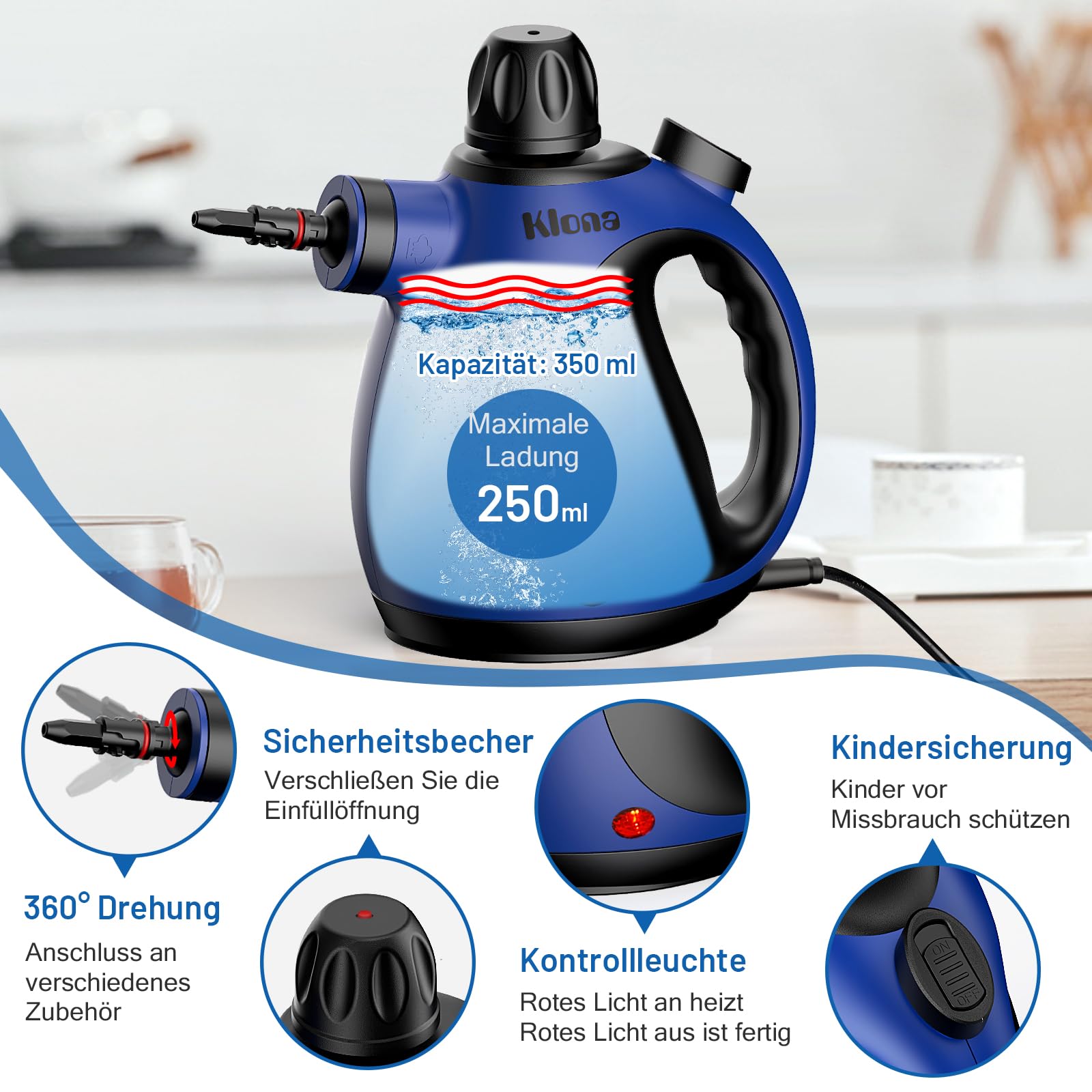 KLONA Dampfreiniger Handgerät, Steam Cleaner mit 10 Zubehör | für Teppiche, Fliesen, Sofas, Bad, Küche | Schmutz Bakterien Fett | 3 Min Schnellheizung | Dampfdruck: 3.2 bar | chemiefrei
