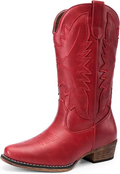 DREAM PAIRS Cowboy Boots for Women Cowgirl Western Mid Calf Boots Snip Toe Embroidered Stitched Low Chunky Heel Pull On Fashion Boots,Size 8,Red,SDMB25005W-2