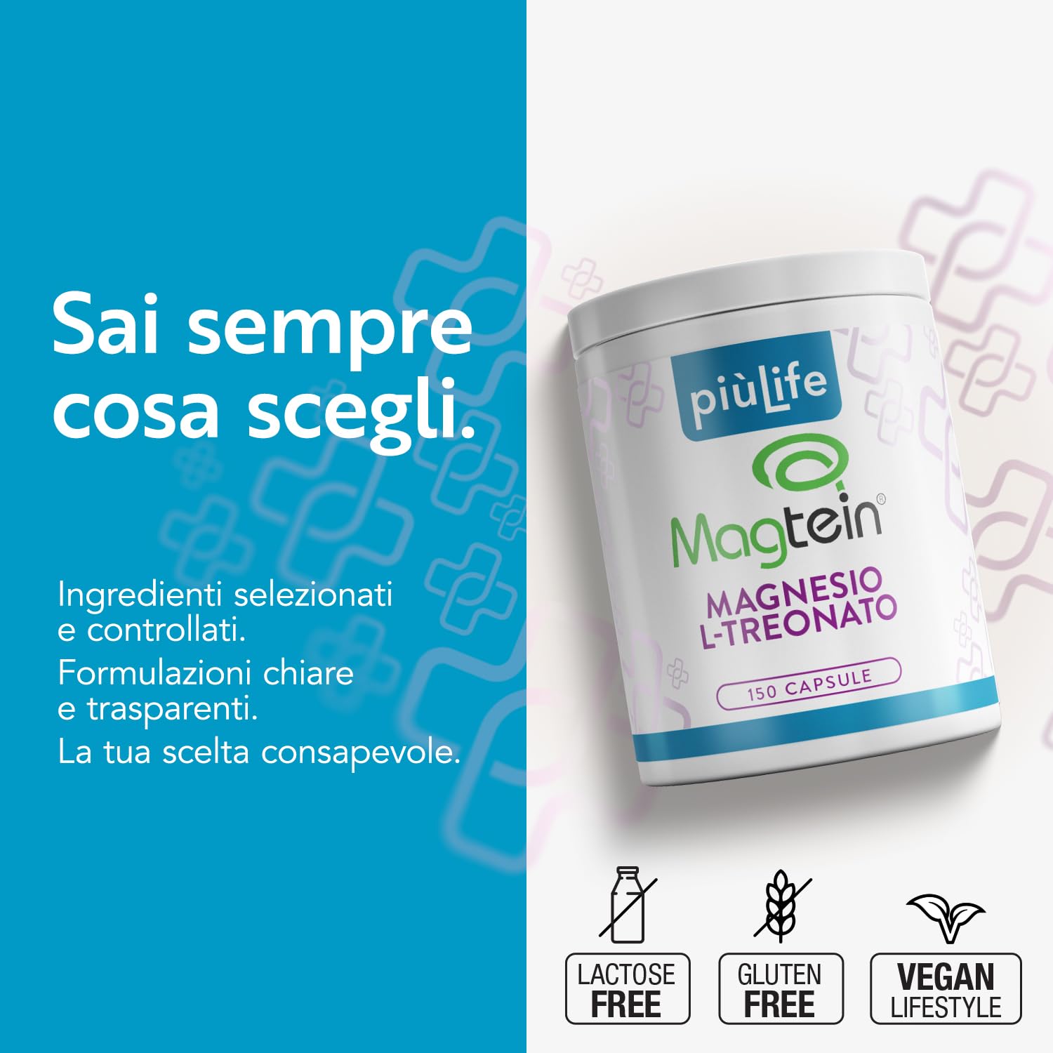 Magnesio Treonato Magtein PiùLife – 2000 mg (di cui 164 mg Magnesio Puro Elementare) – Integratore Memoria e Concentrazione – 150 Capsule – Magnesium L-Threonate Gluten & Lactose Free