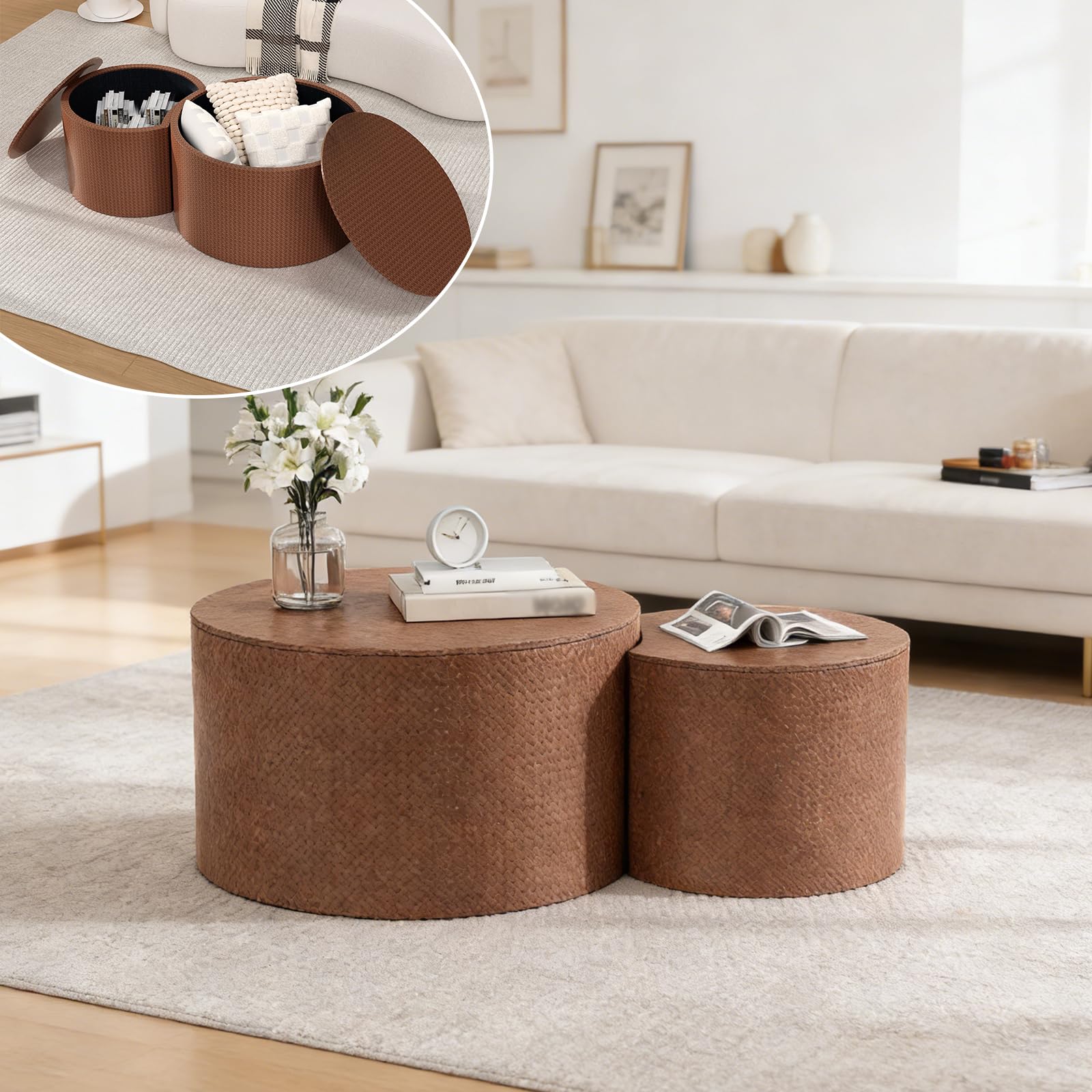 SXZenSpace Small Round Nesting Coffee Table Set of 2, Minimalist Tables with Storage,Wooden Center 2,Nesting Drum Side for Living Room Bedroom,Brown