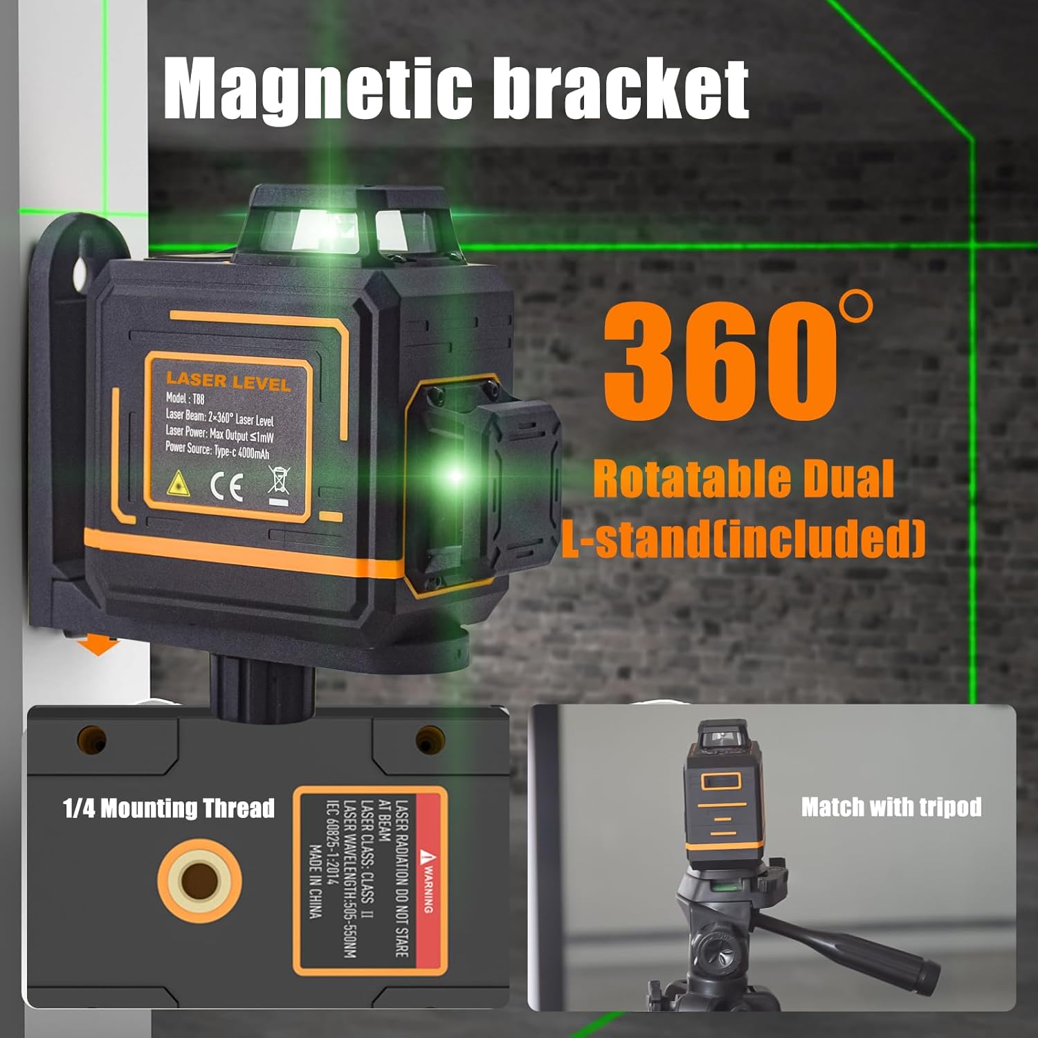 Laser Level, 8 Lines Laser Level Tool 2x360° Green Line Cross for Leveling Tool for Construction and Picture Hanging,100ft Self Leveling Laser Level,with Rechargeable Battery & Type-C Charging Port