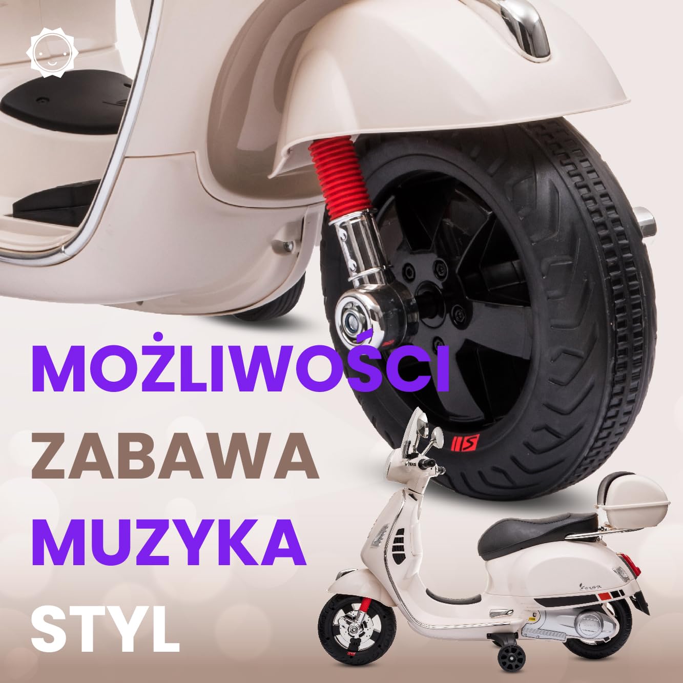 VESPA Elektryczny skuter dla dzieci, jeździk od 3 roku życia, plastikowe koła i siedzisko, kuferek, odtwarzacz MP3, gniazdo USD MicroSD AUX (Biały)