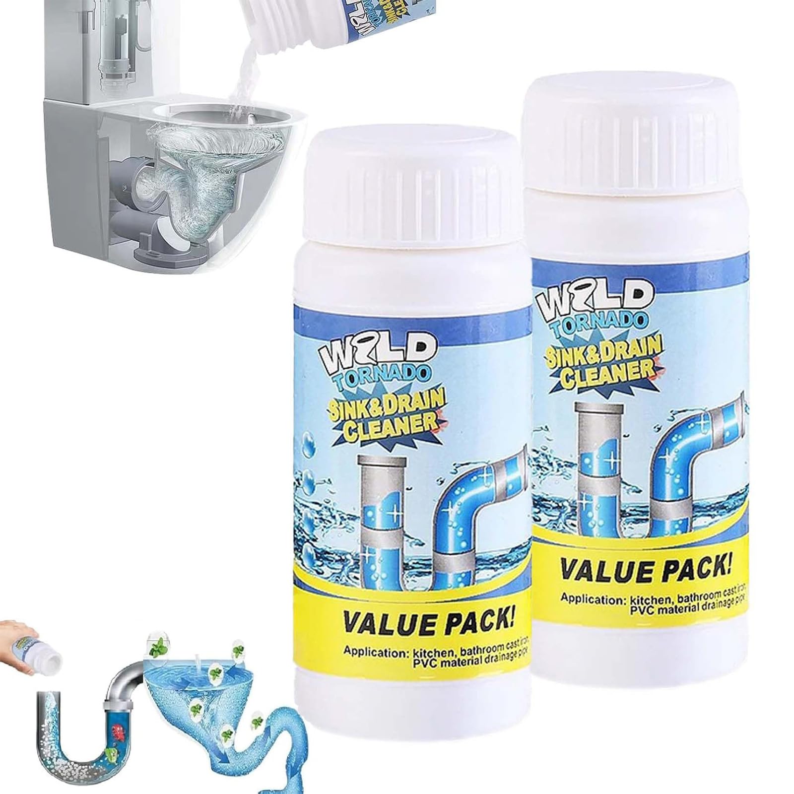 Vollstern - Detergente per scarichi, Value Pack per tubi, altamente efficace, con schiuma attiva, per cucina, bagno, toilette e balcone (110 g per bottiglia) (2 pezzi)