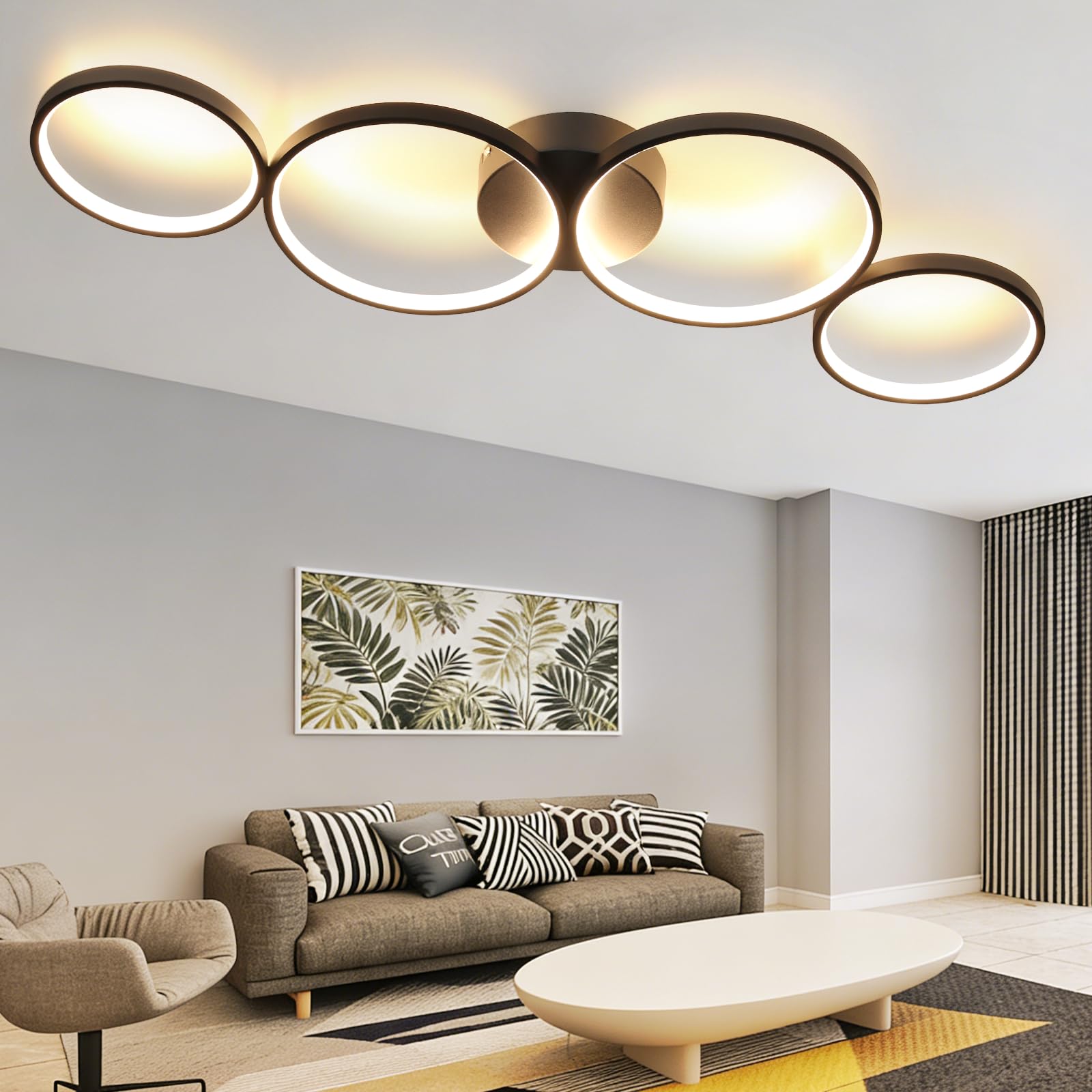 GBLY Lampa sufitowa LED nowoczesna 4 płomienie w optyce pierścieniowej | 3000k biała ciepła lampa sufitowa okrągła 37W wewnętrzna czarna lampa do salonu wykonana - salon przedpokój biuro gabinet