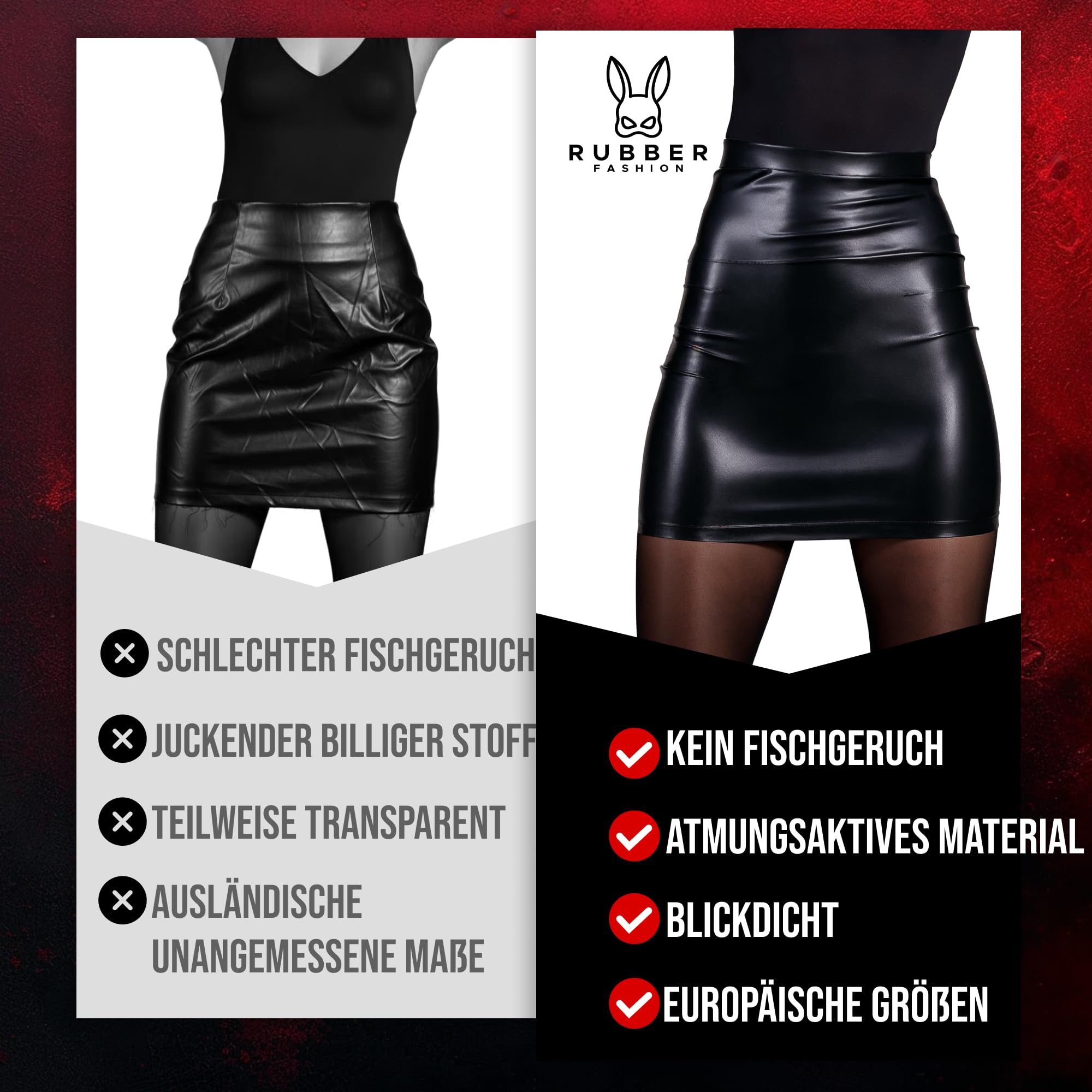 Rubberfashion Wetlook kurzer Minirock - Mini Skirt - Skirts for Women - Rock Mini kurz - Outfit Damen für Festival Party Rave und Halloween