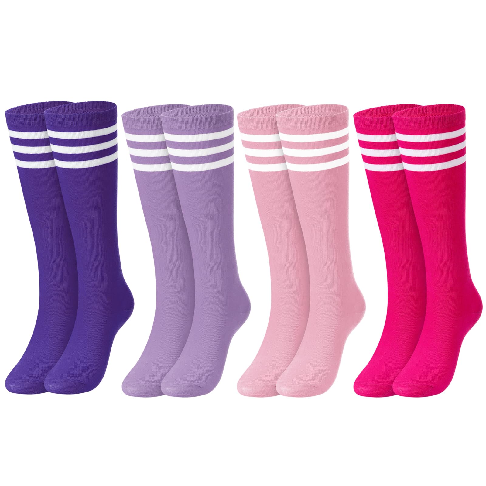 Jeyiour 4 Pairs Women Knee High Socks for Women Soccer Football Softball Stripe Tube Socks Gifts for Cheerleader