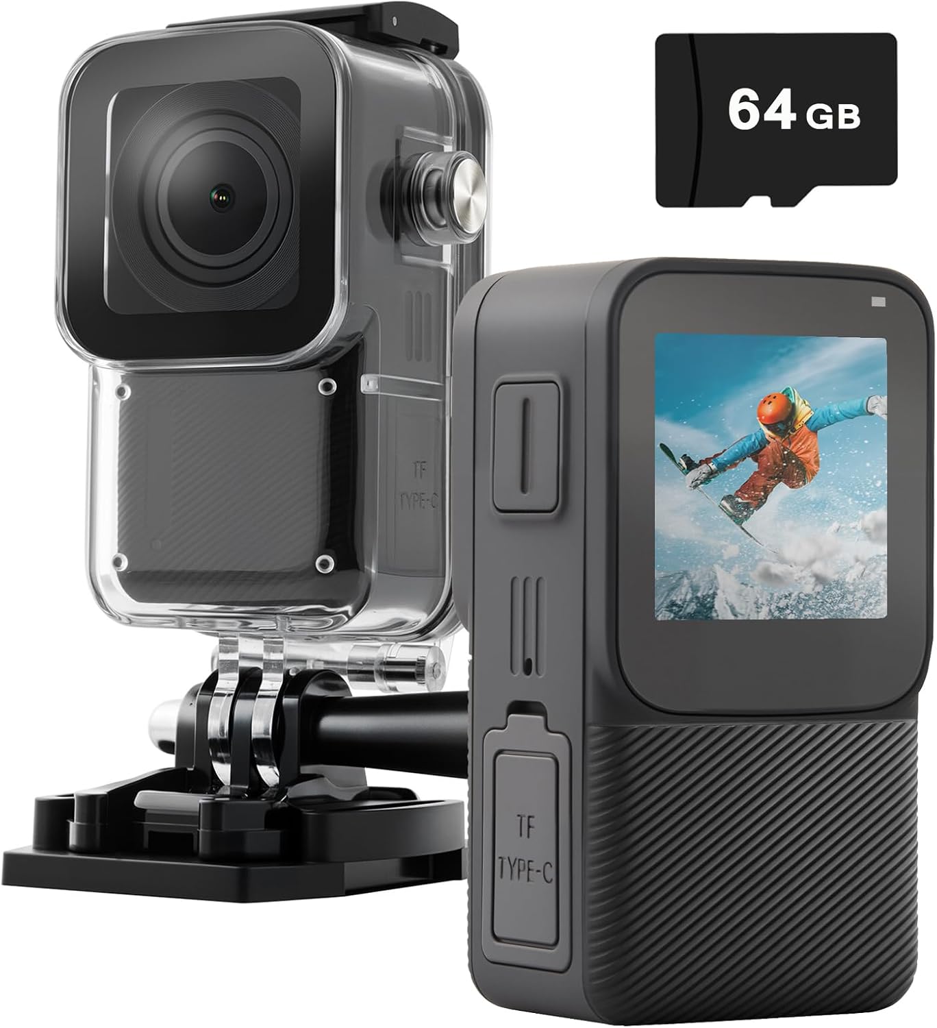 Waterproof Action Camera 5K/30FPS, Tiny EIS Thumb Underwater Camera 100FT with 1.3 Inch Touch Screen, 64GB Card, Accessories Kits, Sports Cam for Vlogging, Diving, Bike, Travel, Hiking