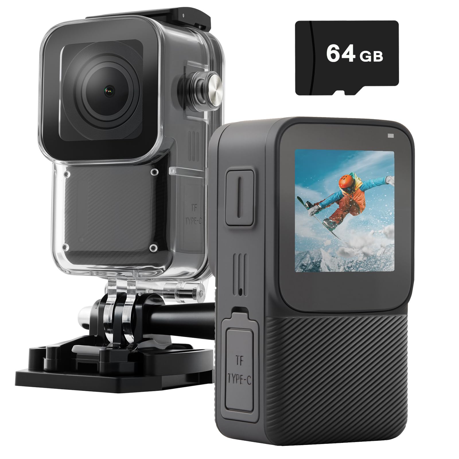 YDI Caméra d'action 5K/30FPS Étanche 30M Écran Tactile 1,3 Pouces 64 Go Kits Accessoires Sportive
