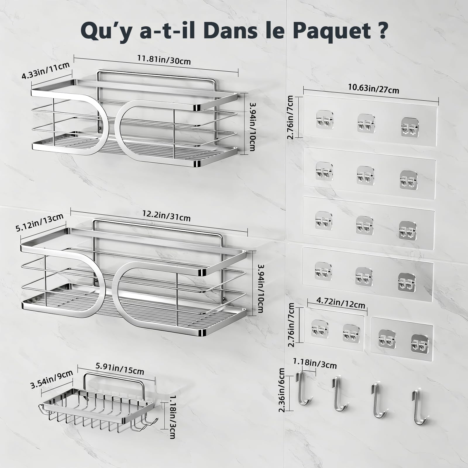 Etagère Douche Sans Percage 3 Pièces avec Porte-Savon Murale de Rangement pour Bouteilles de Shampoing Gel 304 Acier Inoxydable Grande Capacité Support Douche pour Salle de Bain(Argent)