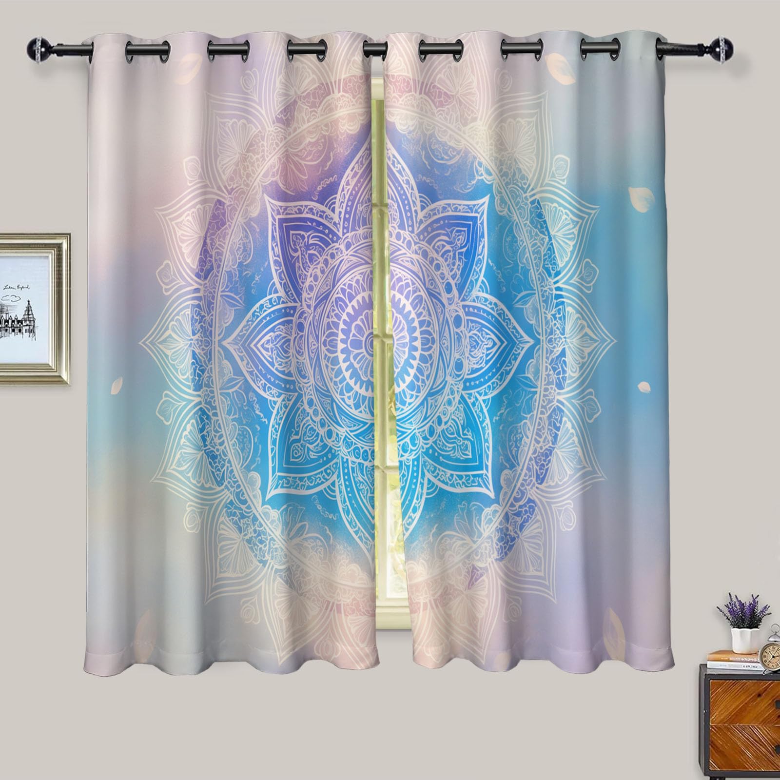 Rideau occultant bleu mandala bohème 132x158 cm lot de 2 rideaux thermiques de salon