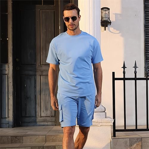 Miniatura 3 de Opomelo Conjuntos Cortos para Hombres de 2 Piezas - Conjuntos Casuales de Verano de Sudaderas de Manga Corta para Hombres con Bolsillo Cargo