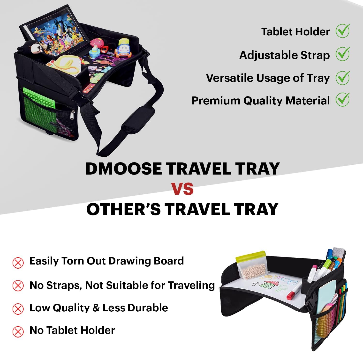 DMoose Kids Travel Tray, Toddler Car Seat Lap Activity Tray with Padded Comfort Base, Side Walls, Mesh Snack Pockets, Tablet Holder, Waterproof Car Seat, Stroller, Airplane Play and Learn Area (Black)
