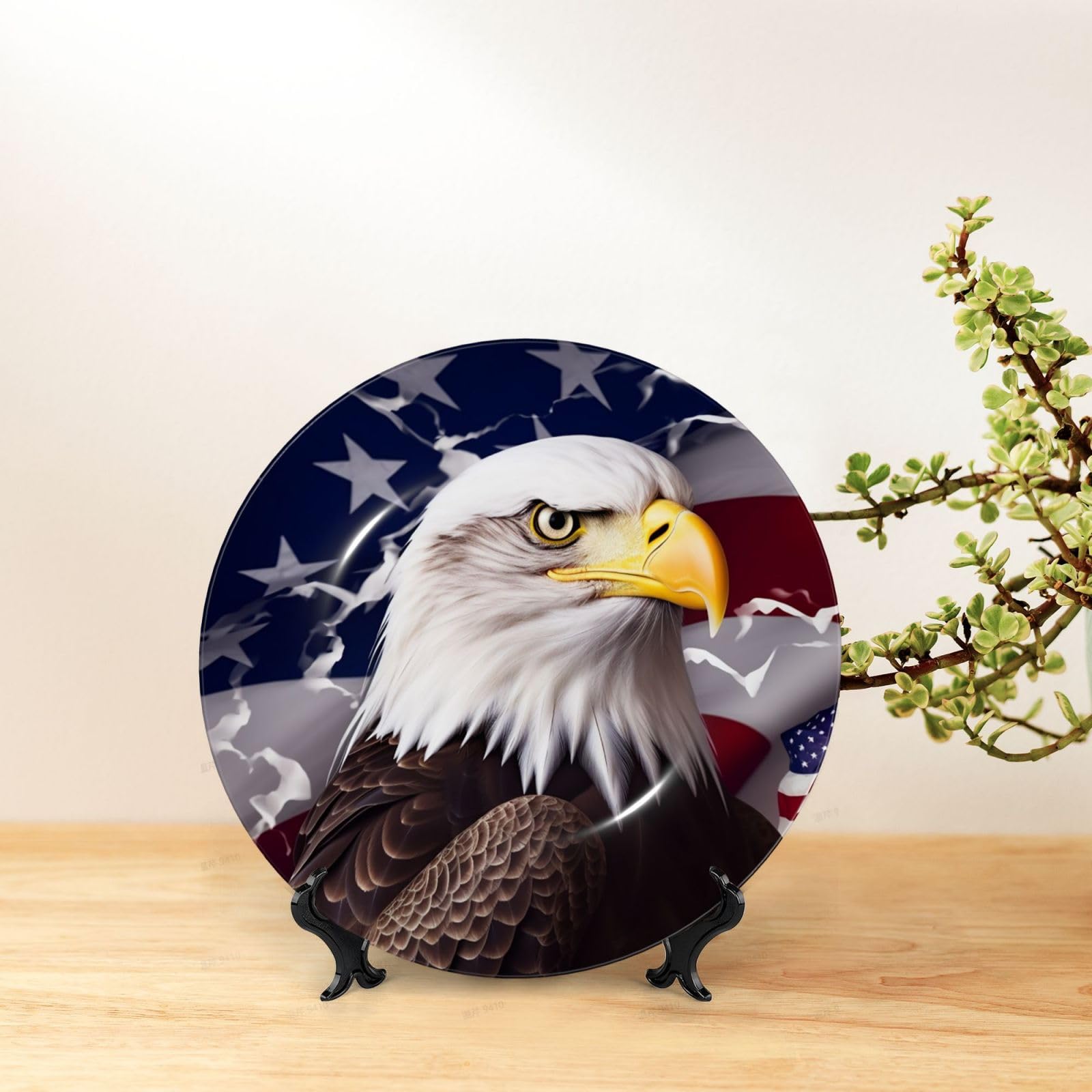 Dekorativer Teller aus Knochenporzellan mit US-Flagge und Weißkopfseeadlermotiv, personalisierbar, inklusive Ständer, 25 cm (10 Zoll)