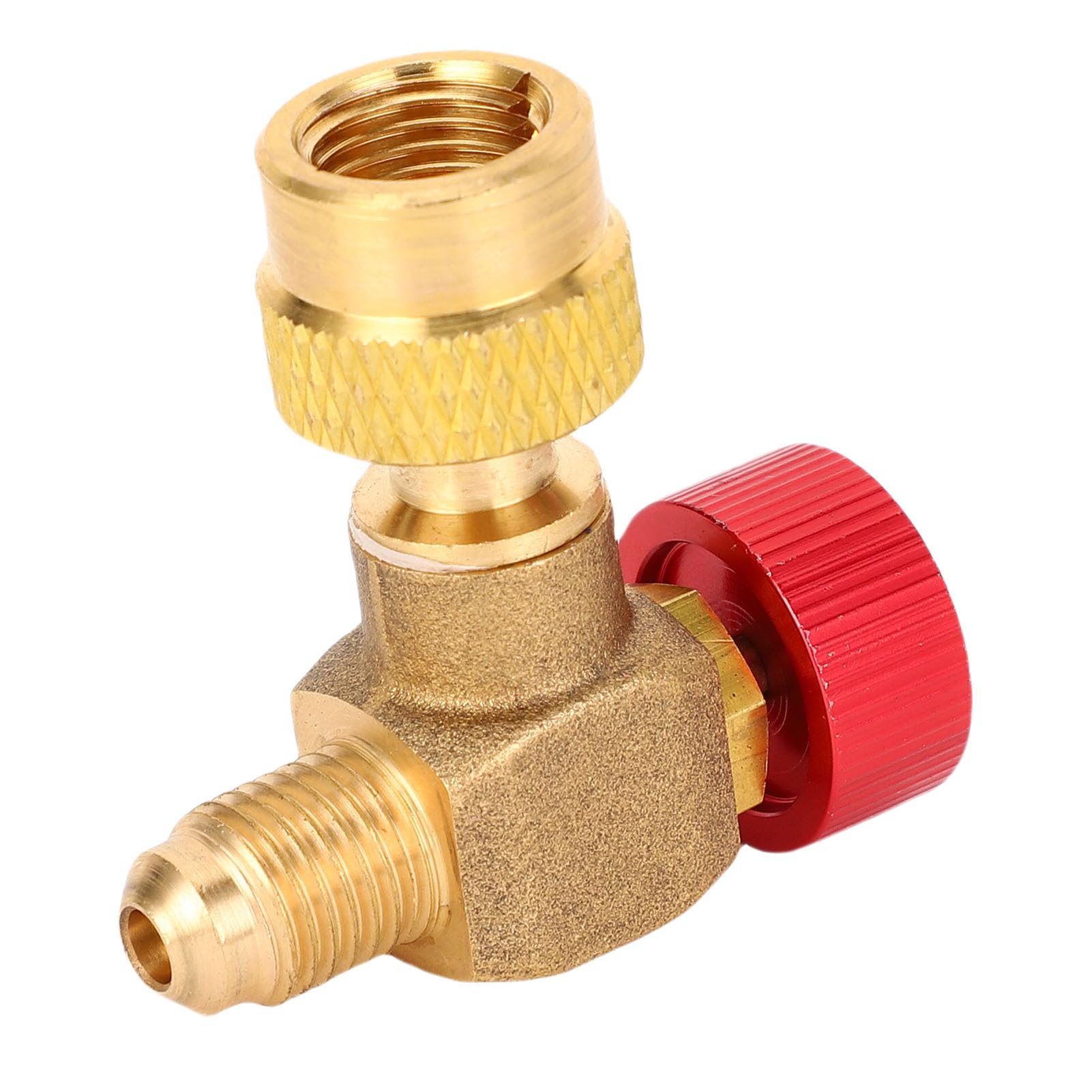Valvola di Ricarica per Refrigerante R22 R410 R32, Valvola HVAC a 90 Gradi in Ottone, Pressione 55 Kg, Compatto 50mm con Connettore e Cappuccio Universale