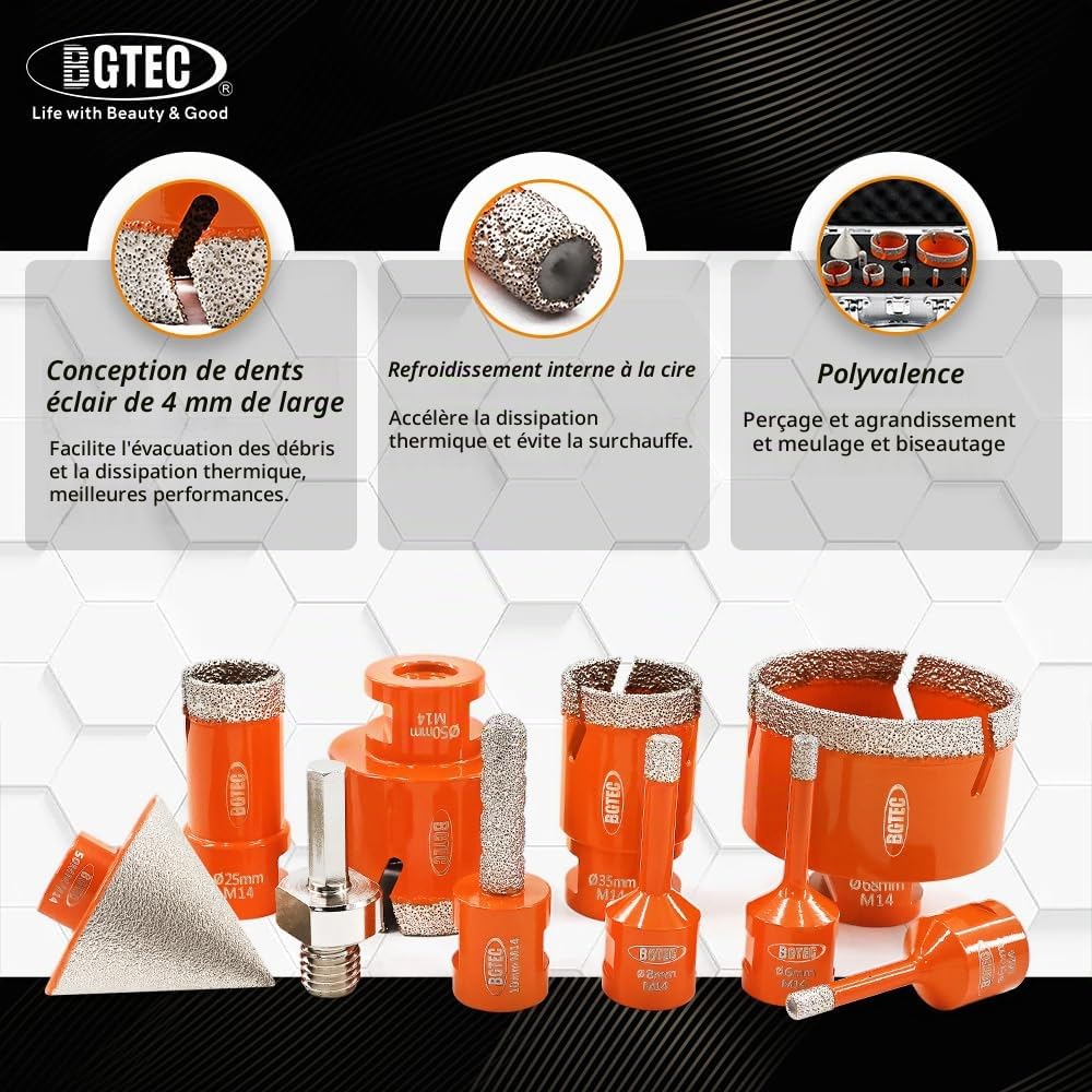 BGTEC Foret Diamant Kit Trépan Carrelage - 10pcs(6/6/8/25/35/50/68mm+10mm Fraise Diamanté+50mm diamant foret chanfrein) pour Porcelaine, Céramique, Carrelages, Granit, Marbre, Pierre