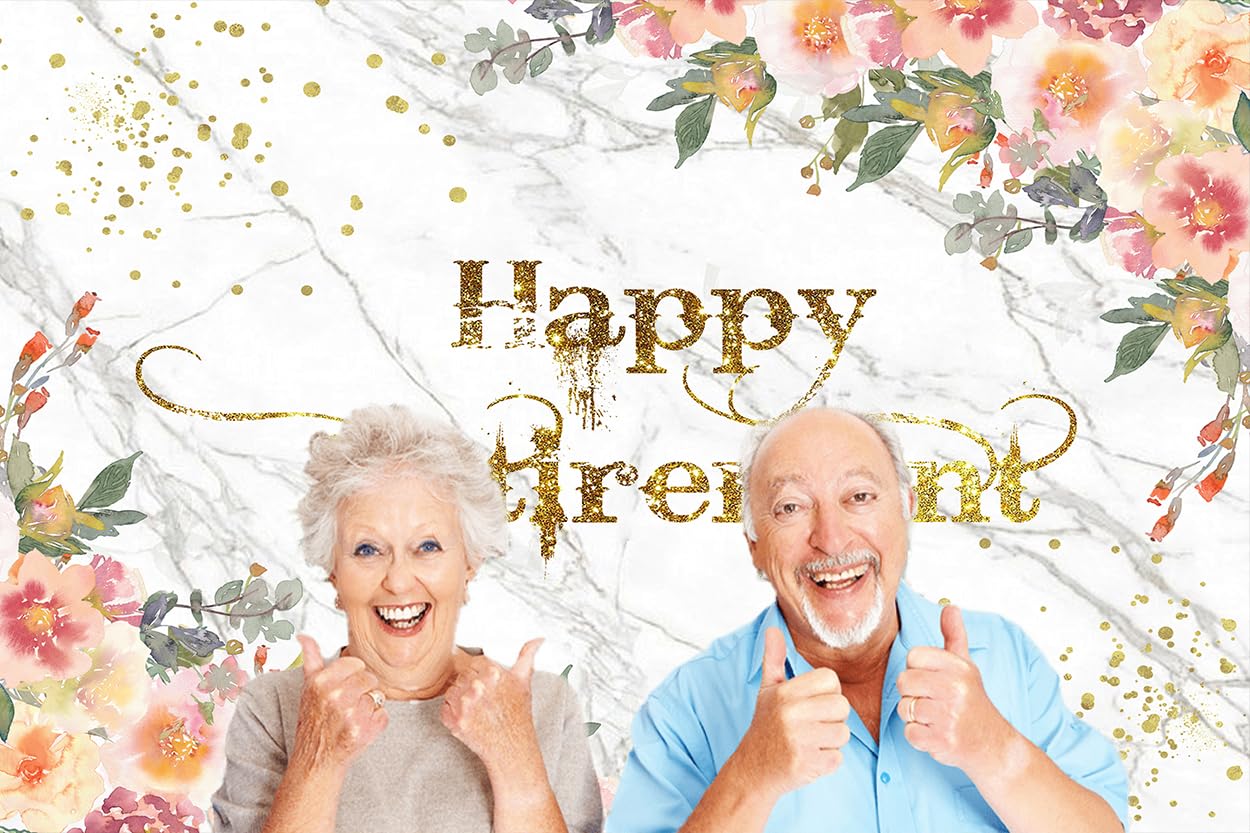 1,8 x 1,8 m Happy Retirement Banner sfondo per donne decorazioni per feste grano di marmo oro glitter sfondo foto decorazioni per feste grano di marmo congratulazioni foto stand puntello