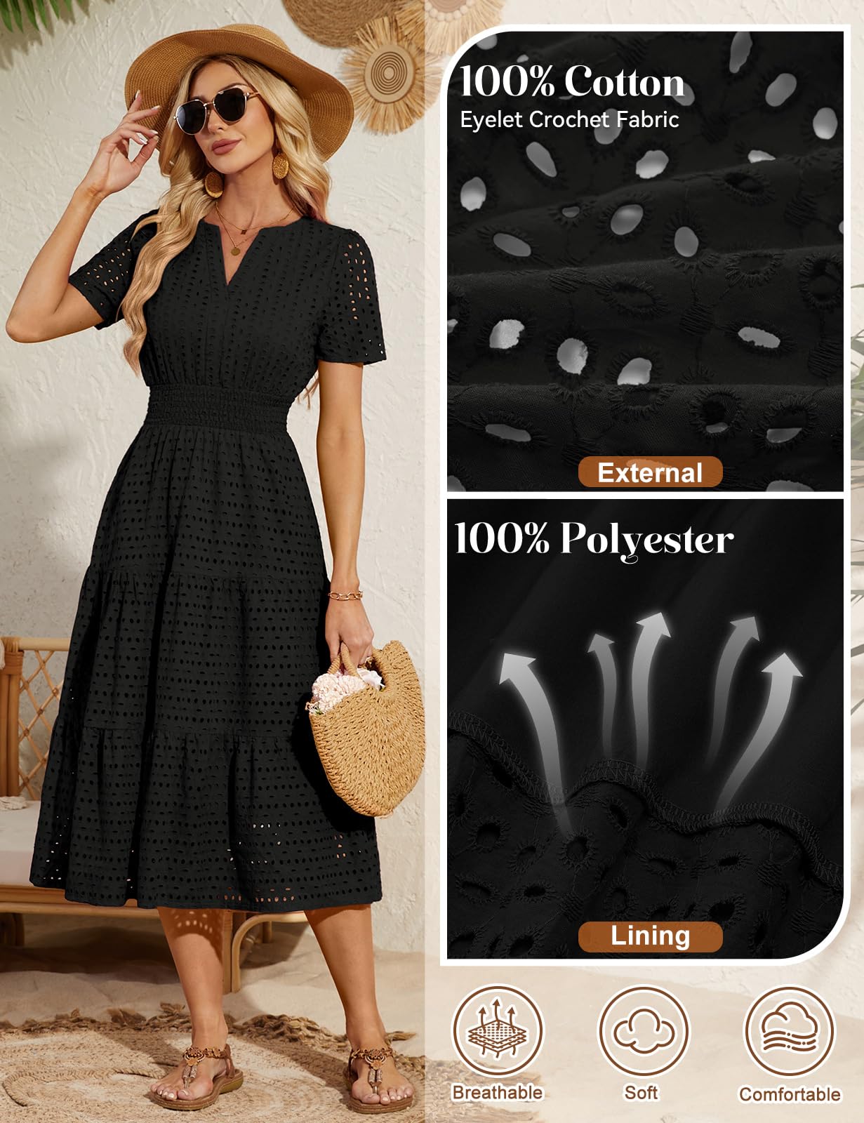 heekpek Sommerkleid Damen Lang A Linien Kleid Elegant V-Ausschnitt Luftige Sommerkleider Kurzarm Midikleid Hoher Taille Strandkleid Tunika Kleid mit Taschen