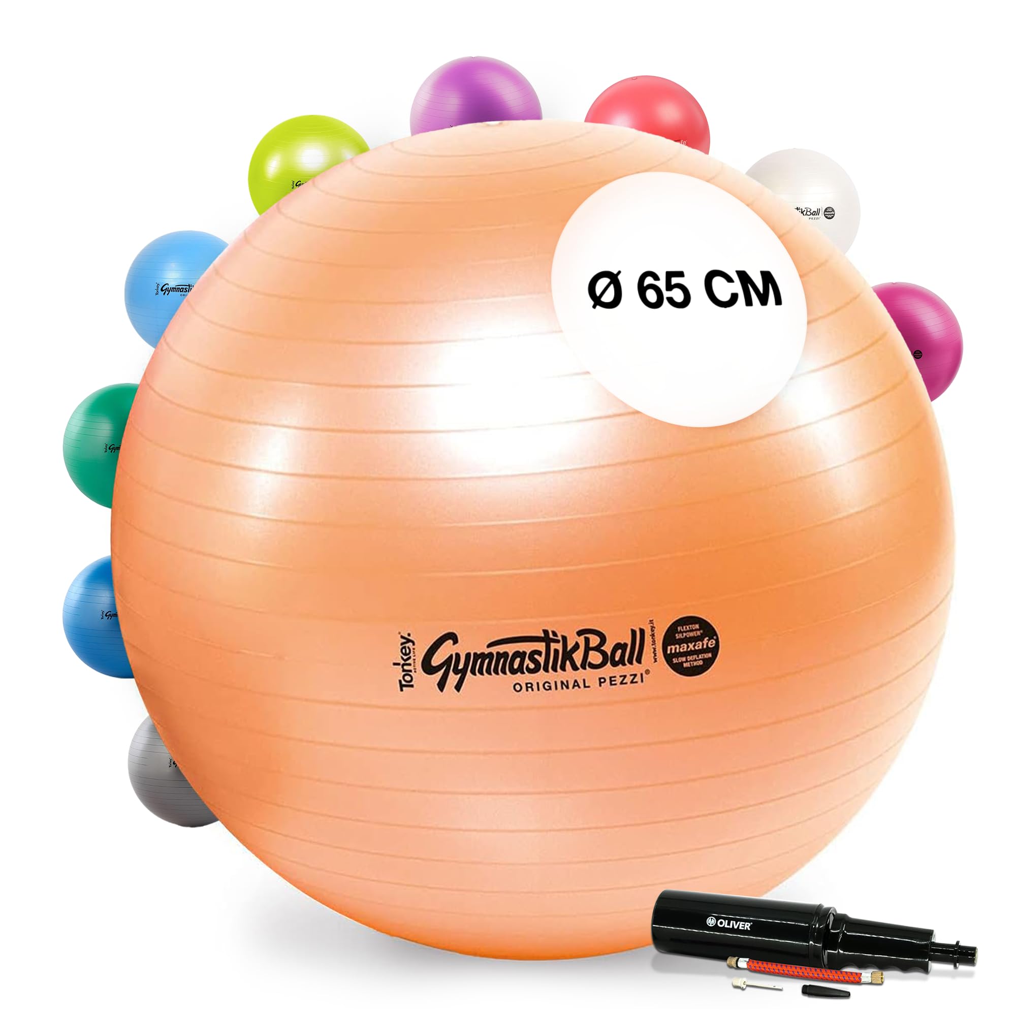 PEZZI Gymnastikball Maxafe Sitzball Ø 65 cm mit Pumpe Kupfer | Sitzball mit Burst-Proof-System, belastbar bis 400 kg, für Therapie, Sport und Büro