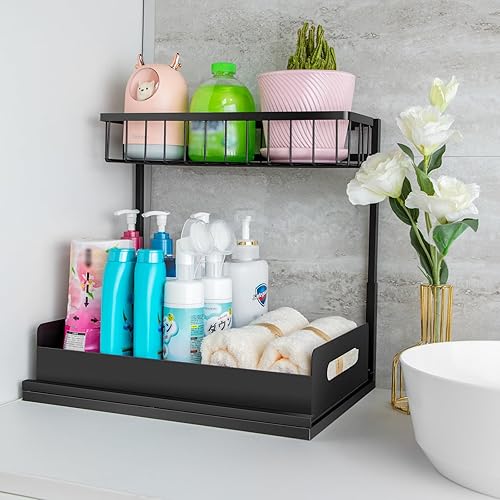 Miniatura 7 de MirthMood - Organizador de metal para debajo del fregadero, paquete de 2 organizadores en forma de L de altura ajustable, 2 niveles para debajo del