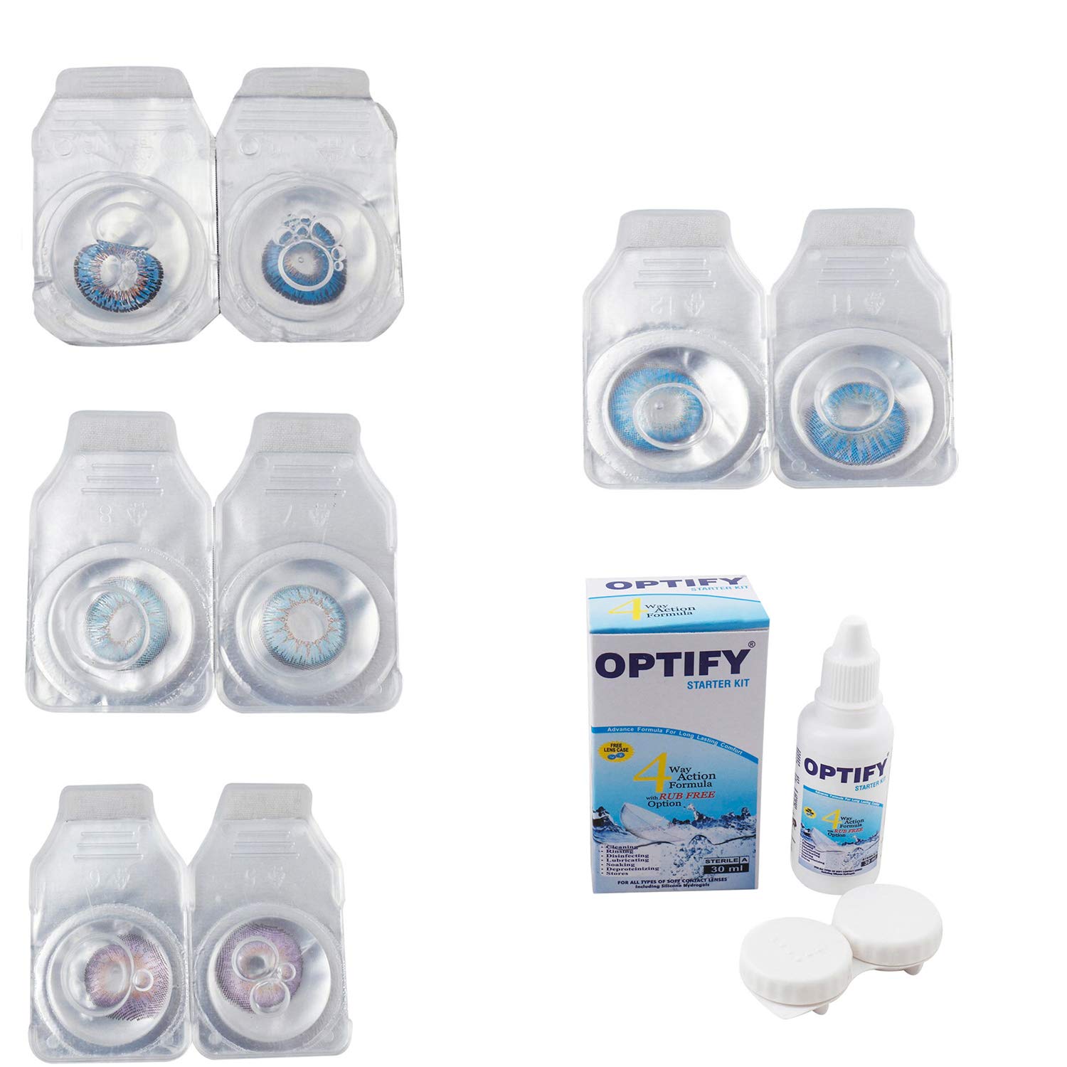 Optify Combo Pack Monthly Color Contact Lens With Solution (Zero Power, Blue-Sky Blue-Violet-Aqua Blue, Pack of 4)