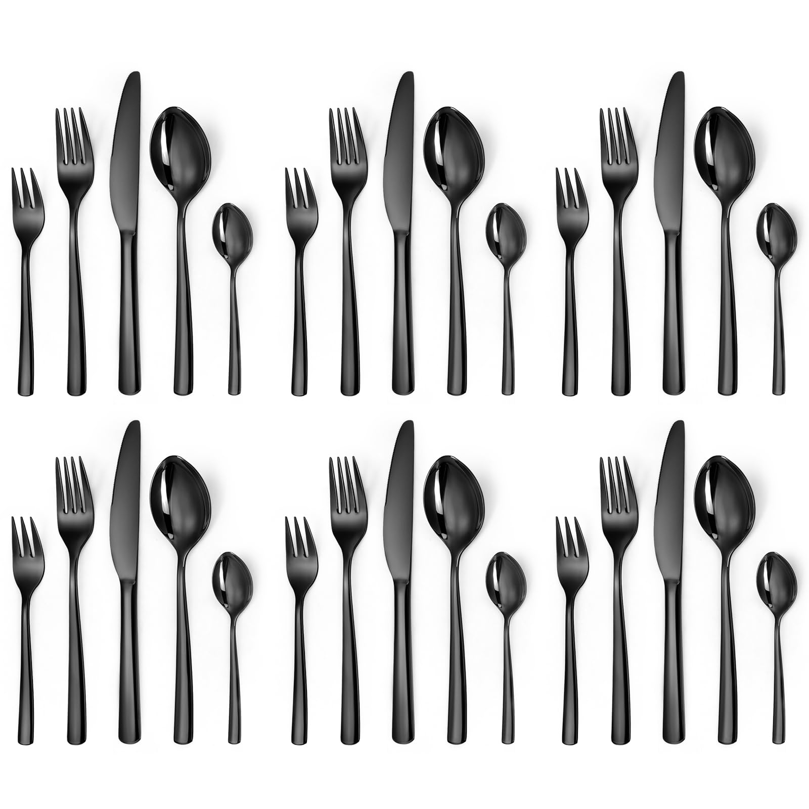 Set di posate per 6 persone, set di posate in acciaio inox, 30 pezzi, nero, con coltello, forchetta, cucchiaio, acciaio inox lucidato a specchio, lavabile in lavastoviglie