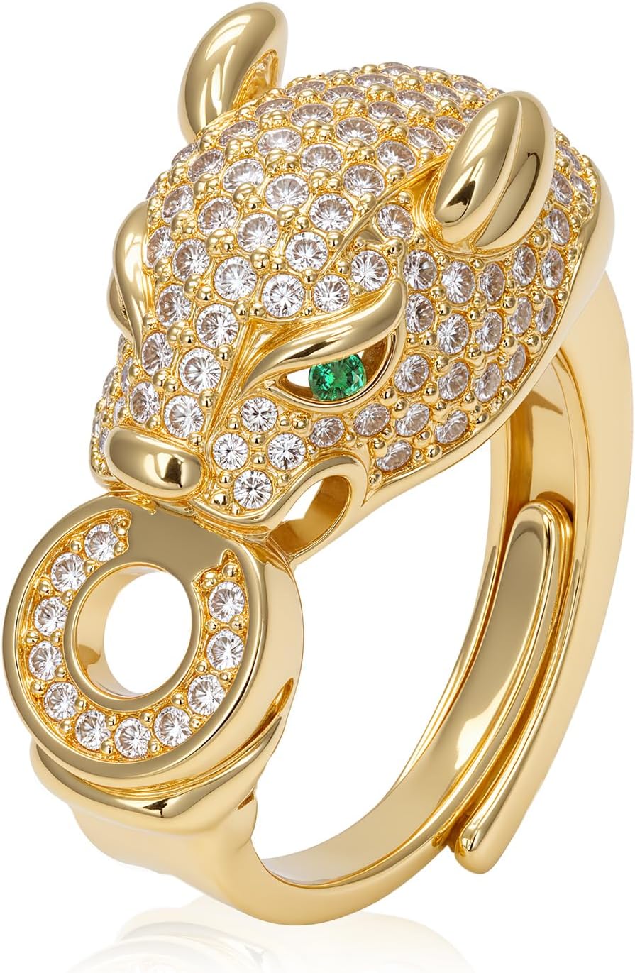 Aura & Irena 18K Gold Plated Panther Rings for Women Men - Non Tarnish Adjustable Leopard Rings with 3A Cubic Zirconia, Fashion Gift