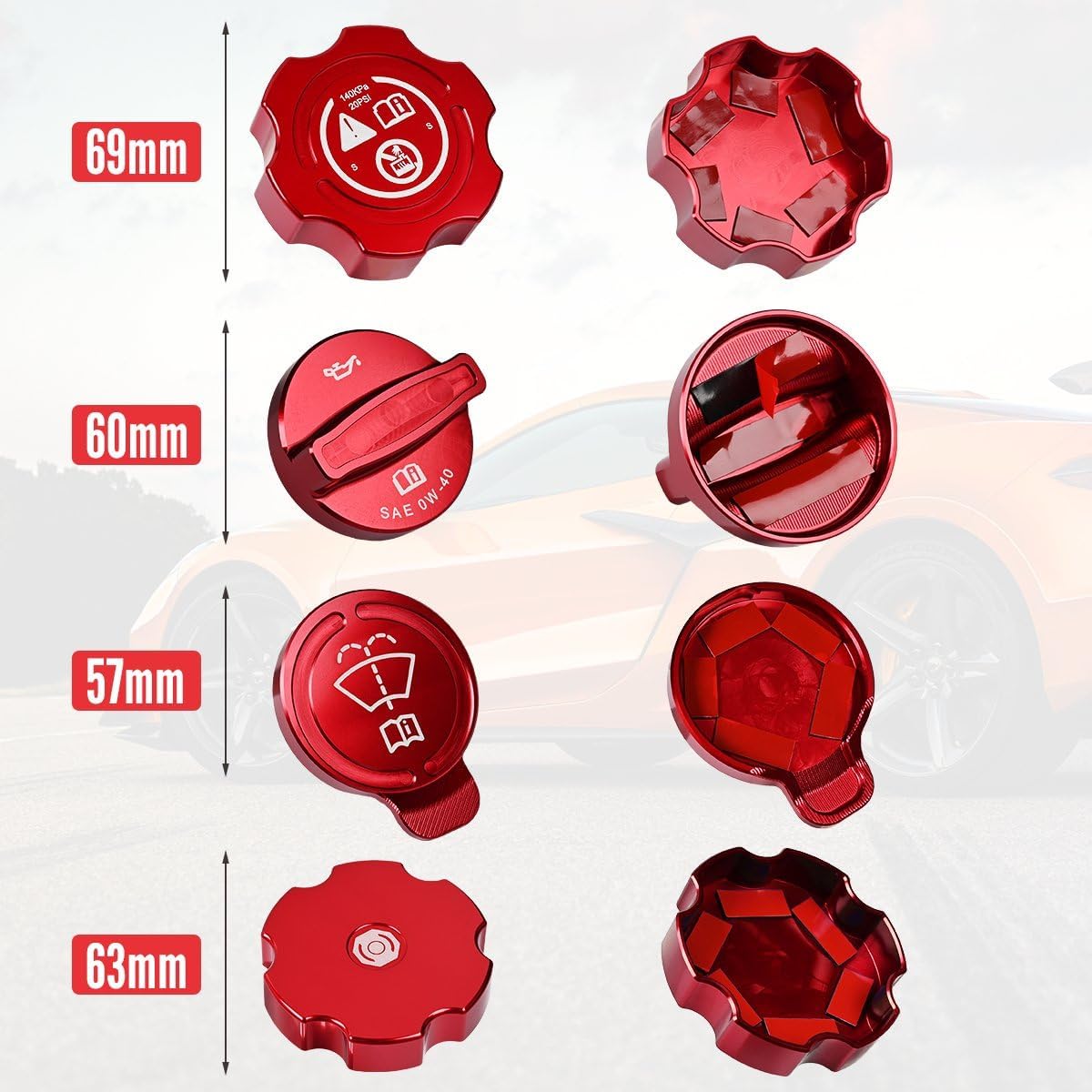 4Pcs Engine Oil Cap Brake Fluid Cap Wiper Washer Cap Radiator Cap Cover Trim Set, Aluminium Alloy Engine Oil Cap Cover Decorative Set Accessories for Corvette C8 Z51 Z06 2020-2023 (RED)