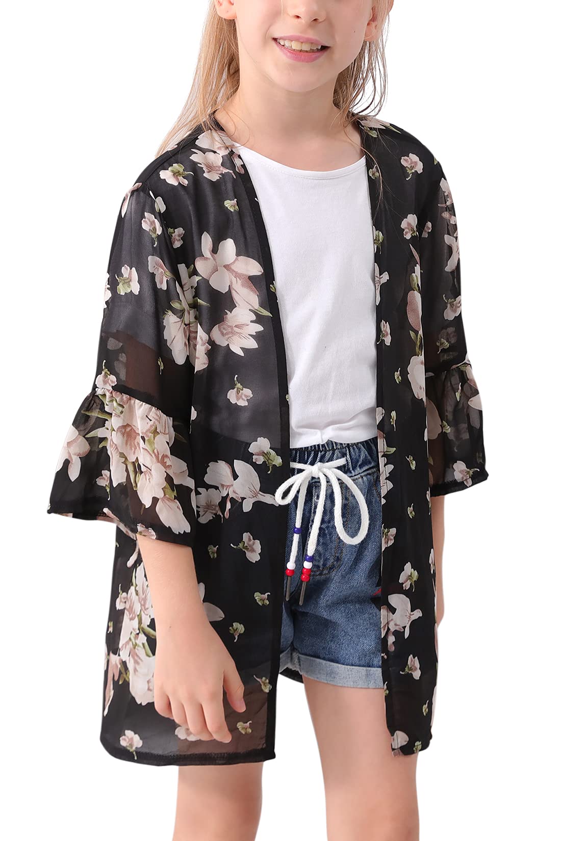 GORLYA Girls Floral Chiffon Kimono Beach Cover Up 4-14Y