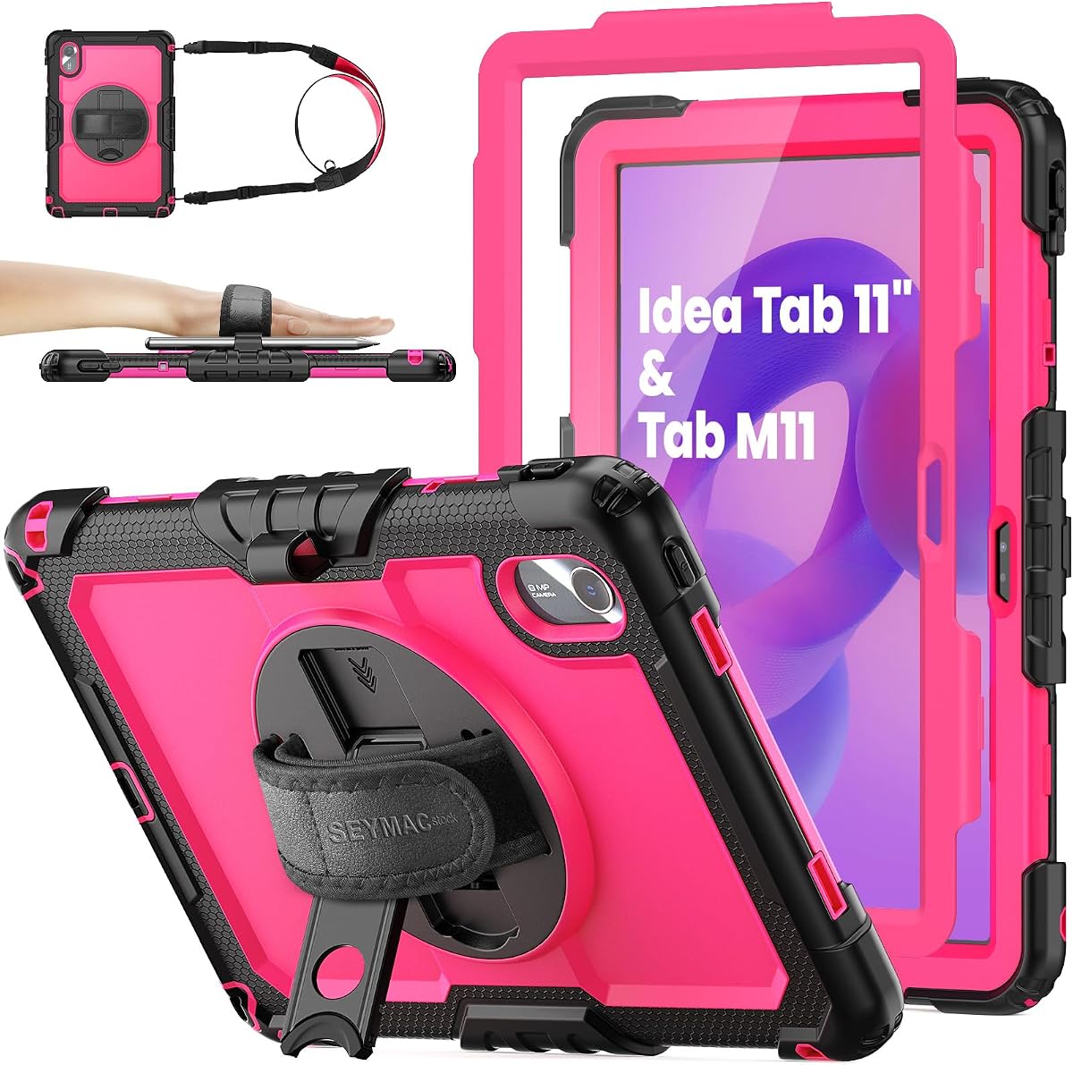 SEYMAC stock Tablet Case for Lenovo Idea Tab 11'' / M11 (TB336FU/TB330FU) 11 inch Drop-Proof Protection Cover with 360° Rotate Stand & Strap [Pen Holder] & Screen Protector 2025/2024, Rose+Black