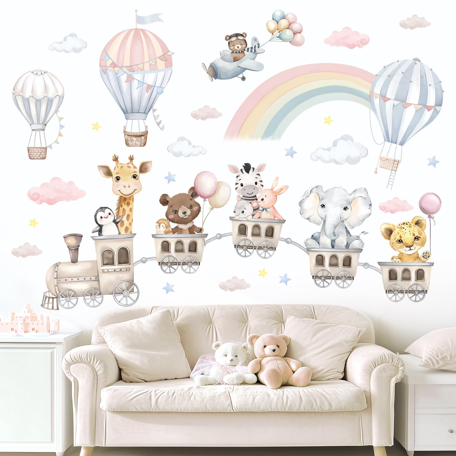 Stickers Muraux Enfant Train des Animaux Aquarelle Montgolfières Arc-en-Ciel et Nuages Décoration Murale Pastel Autocollants Amovibles pour Chambre Bébé Pépinière Salon
