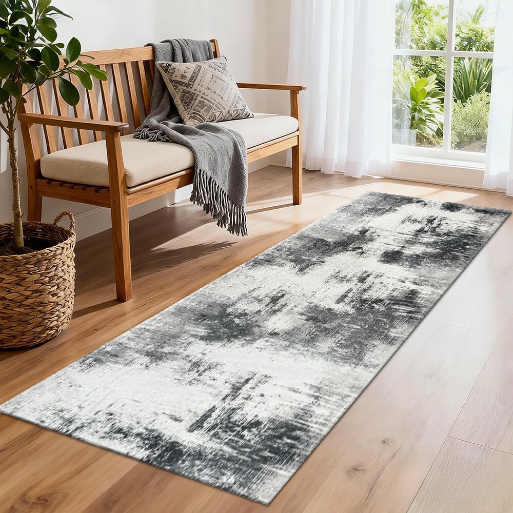 20" x 59" Modern Washable Laundry Room Runner Rug Abstract Hallway Kitchen Abstract Mat with Non-Slip Soft Low Pile Organization Decor Carpet for Bedroom (Grey, 1'8" x 4'11" (Rectangular))