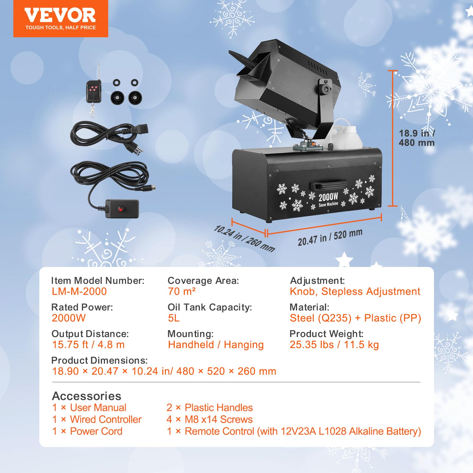 VEVOR Macchina per Neve 2000 W, Macchina Oscillante per Produrre Neve, Macchina per Fiocchi Neve con Telecomando Cablato e Wireless Serbatoio 5 L, Macchina Neve Finta per Feste di Natale Matrimoni