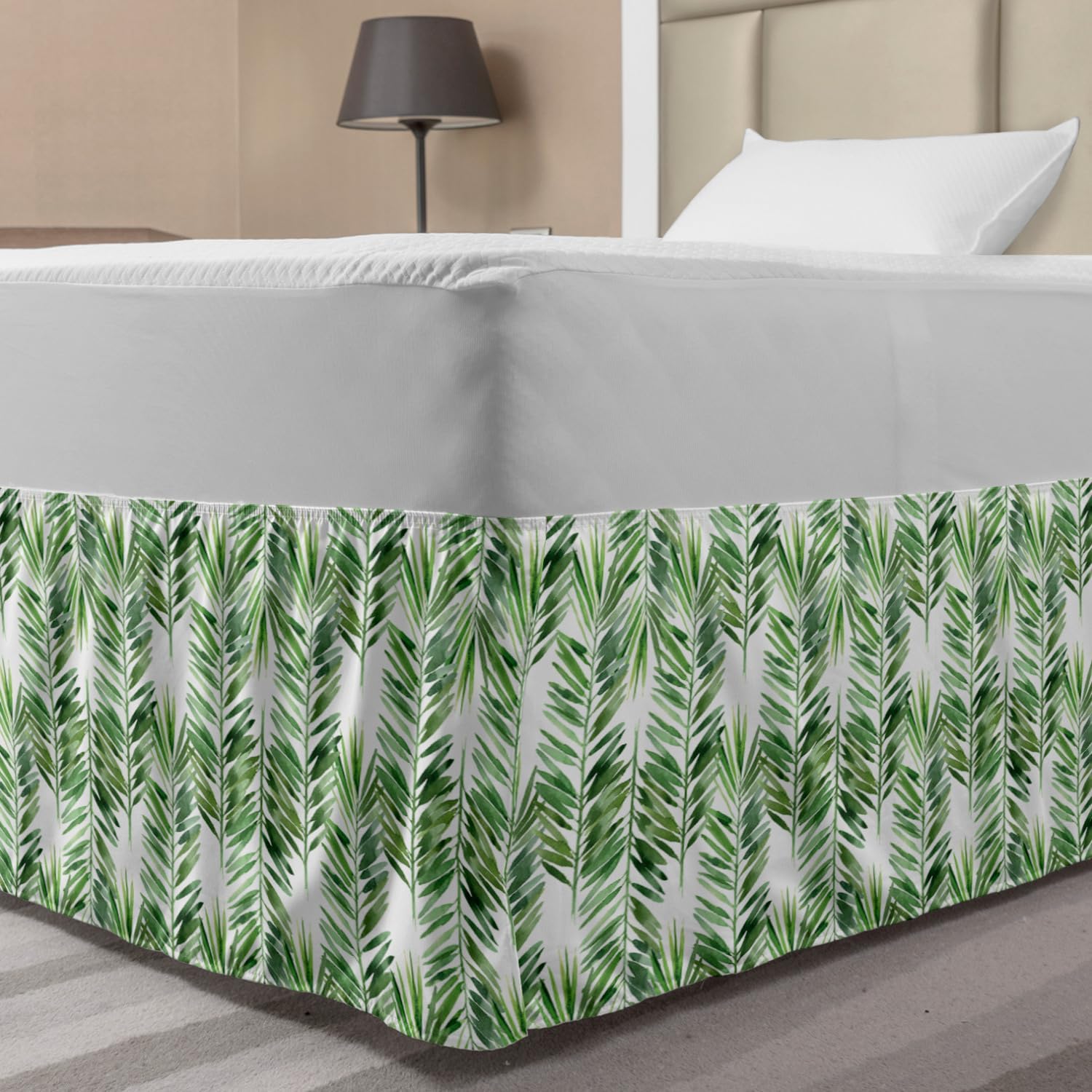 Lunarable Vintage Bed Skirt, Floral Pattern with Boxwood ed Eucalyptus Fern Maidenhair, Elastic Bedskirt Dust Ruffle Wrap Around for Bedding Decor, Queen, Reseda Green