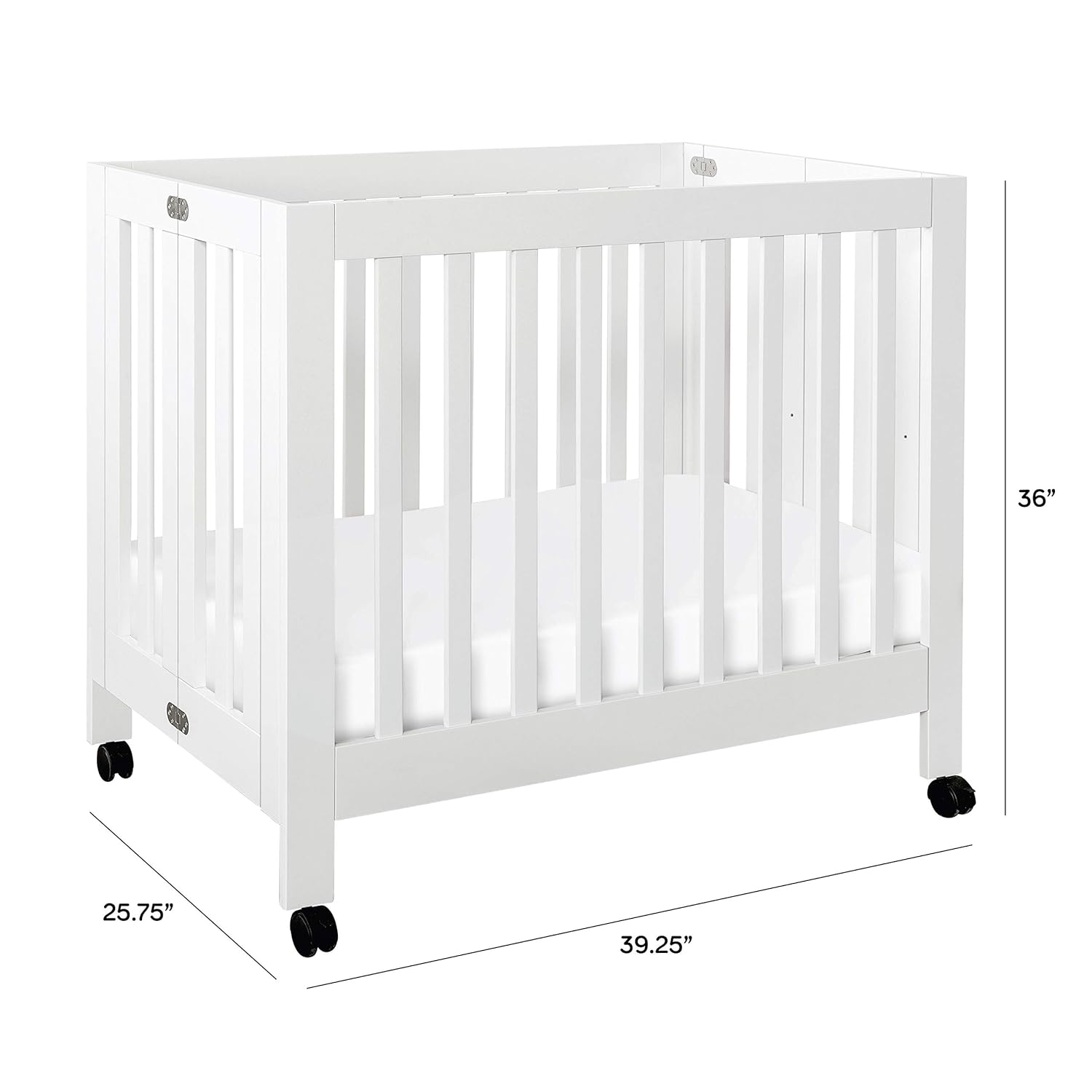 Babyletto Origami Mini Crib w/ Wheels & 1″ Mattress Pad - Foldable & Converts to Twin Bed - Easy Assembly - GREENGUARD Certified - 2 Adjustable Mattress Heights - Conversion Kit Sold Separately, White