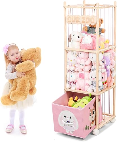 Miniatura 8 de Almacenamiento de animales de peluche con contenedores de tela extraíbles y ruedas de bloqueo, organizador de juguetes de madera 2 en 1 y estante de