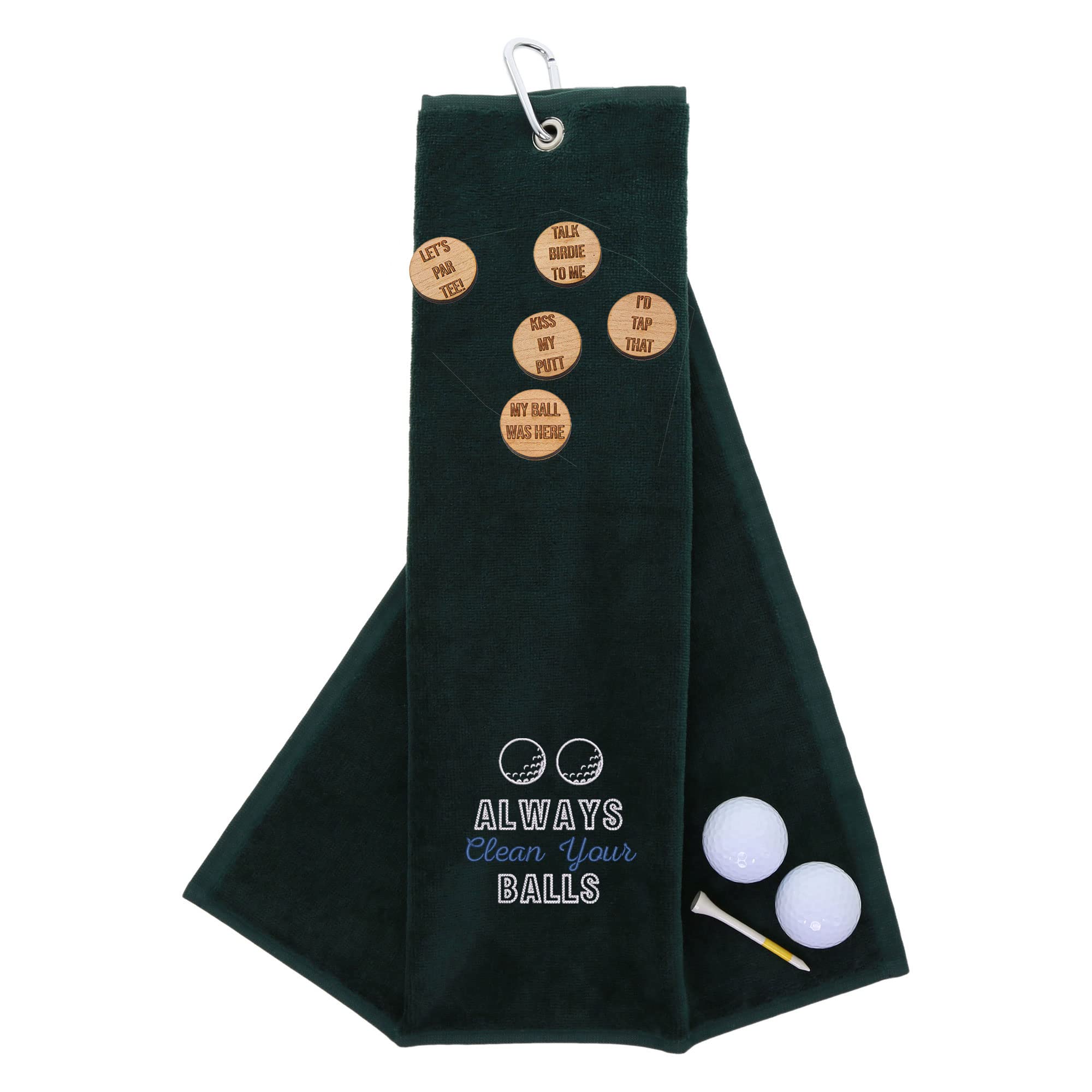 Funny Trifold Golf Towel and Comedy Wooden Ball Marker Set Gift for Men, Carabiner Clip for Golf Bags, Clean Your Balls, Forest