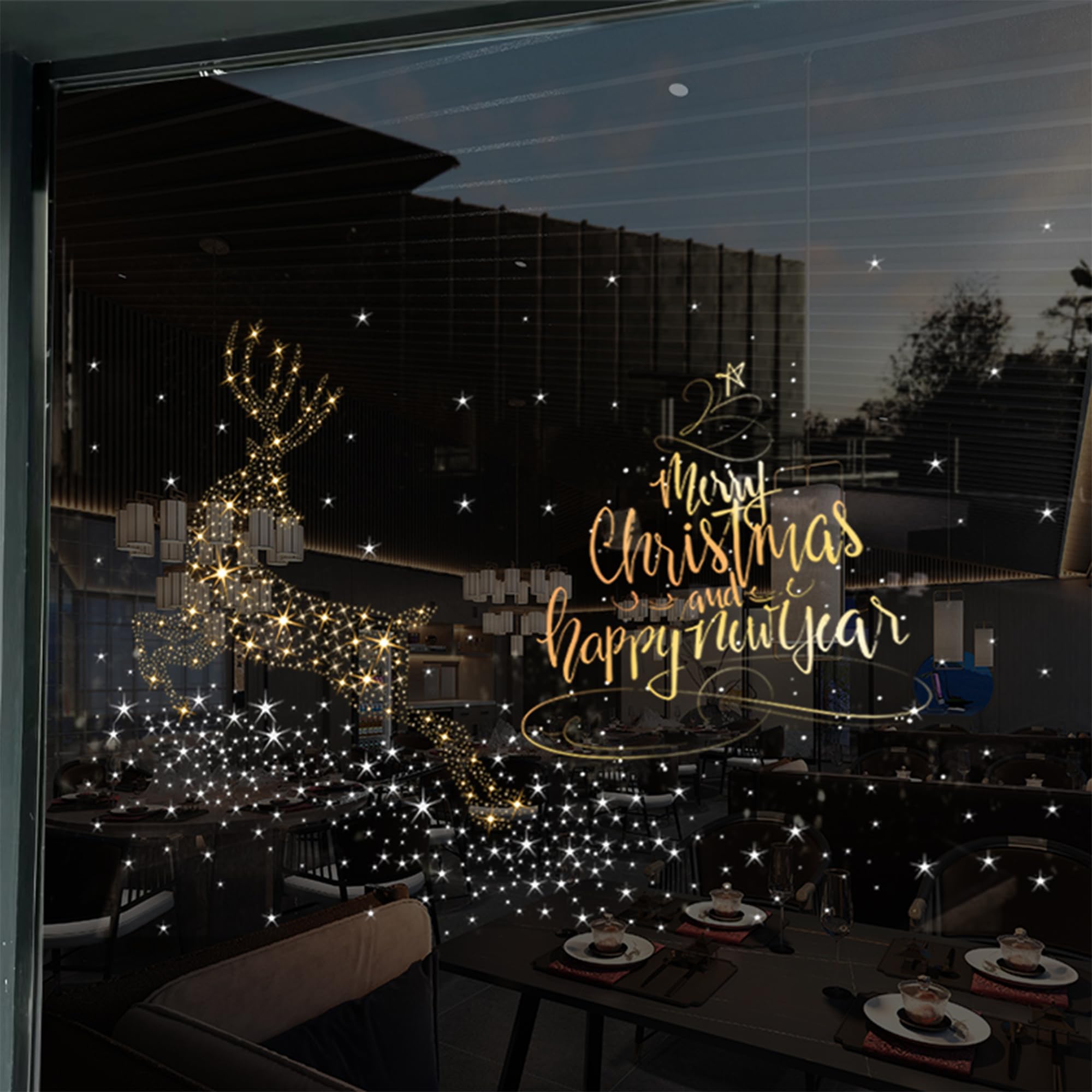 Kitchwise Multicoloured Large Merry Christmas Window Stickers Decorations - Gold Bauble & Lettering Design, Festive Shop Window Decorations For Holiday Display, Reusable Xmas Window Decorations (Gold Reindeer)